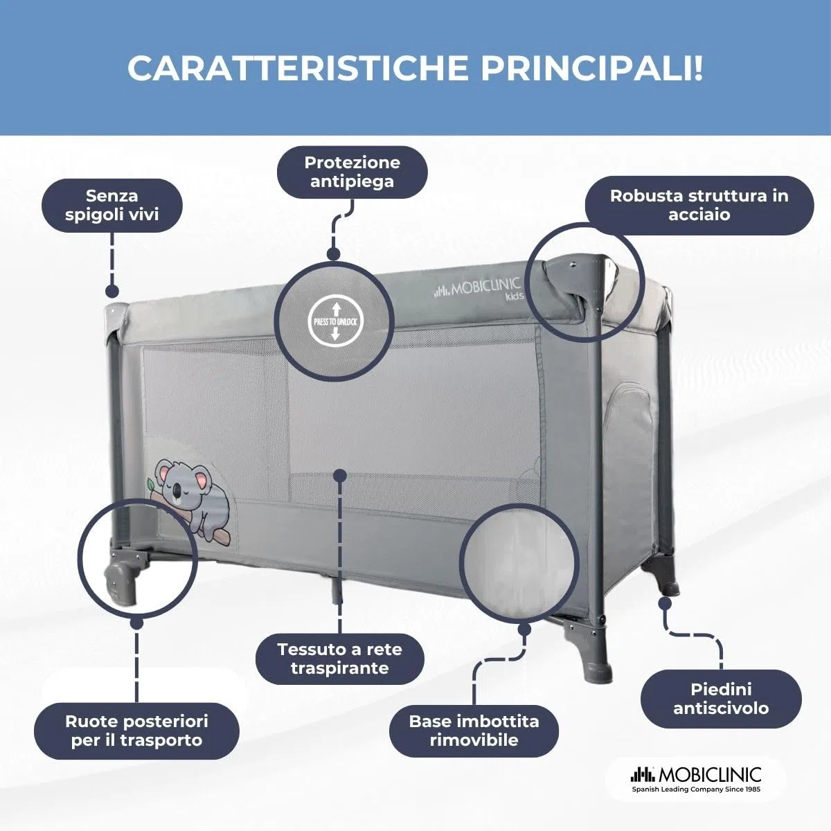 Mobiclinic®, Lettino da viaggio, Culla neonato, 2 in 1, Pieghevole ultracompatto, Materasso rimovibile, Mofli, Fino a 15 kg, Traspirante, Ingresso laterale con cerniera, Box per bambini (grigio)