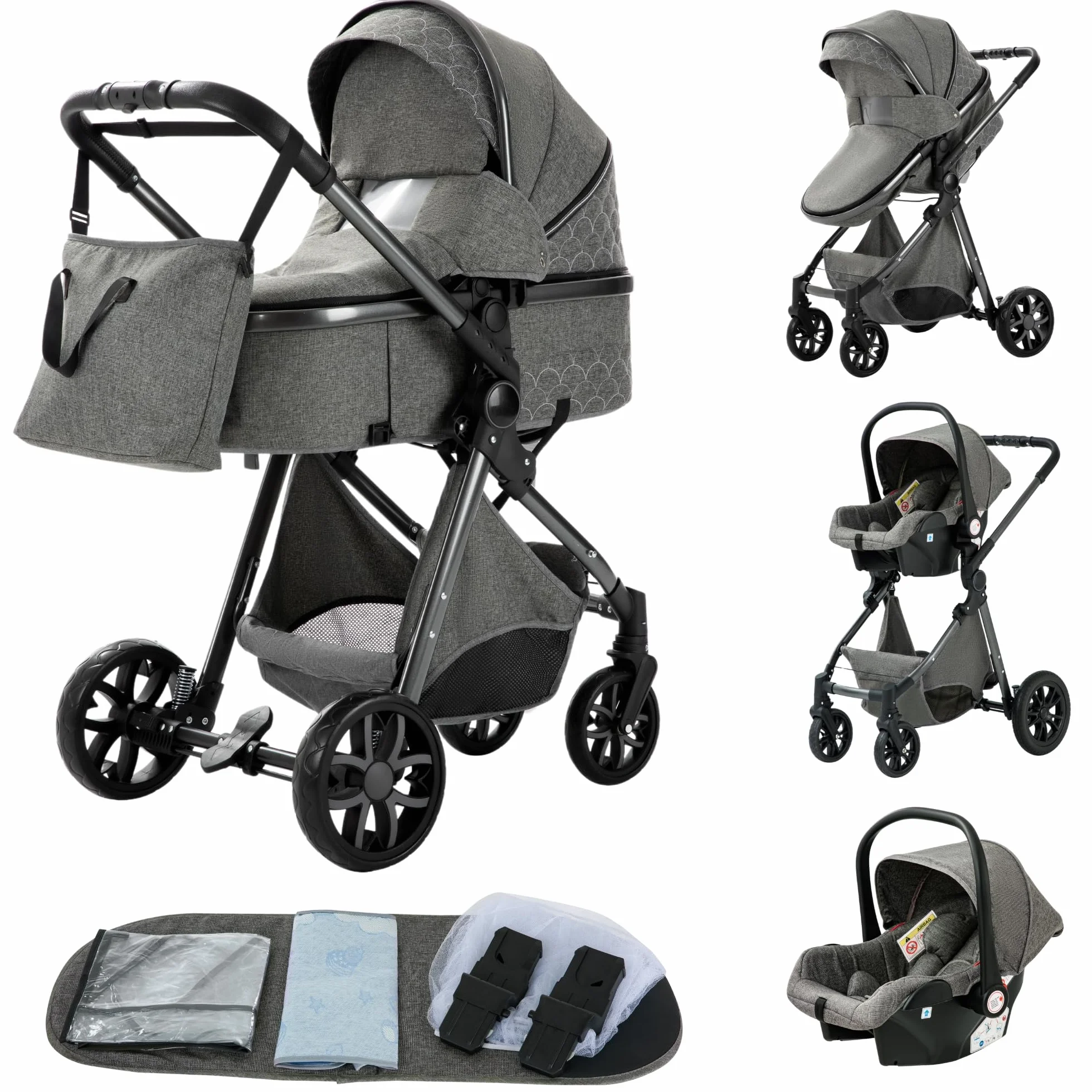 YAZOCO Passeggino 3 in 1 Trio Carrozzina Multifunzionale Pieghevole Set Neonato Grigio scuro