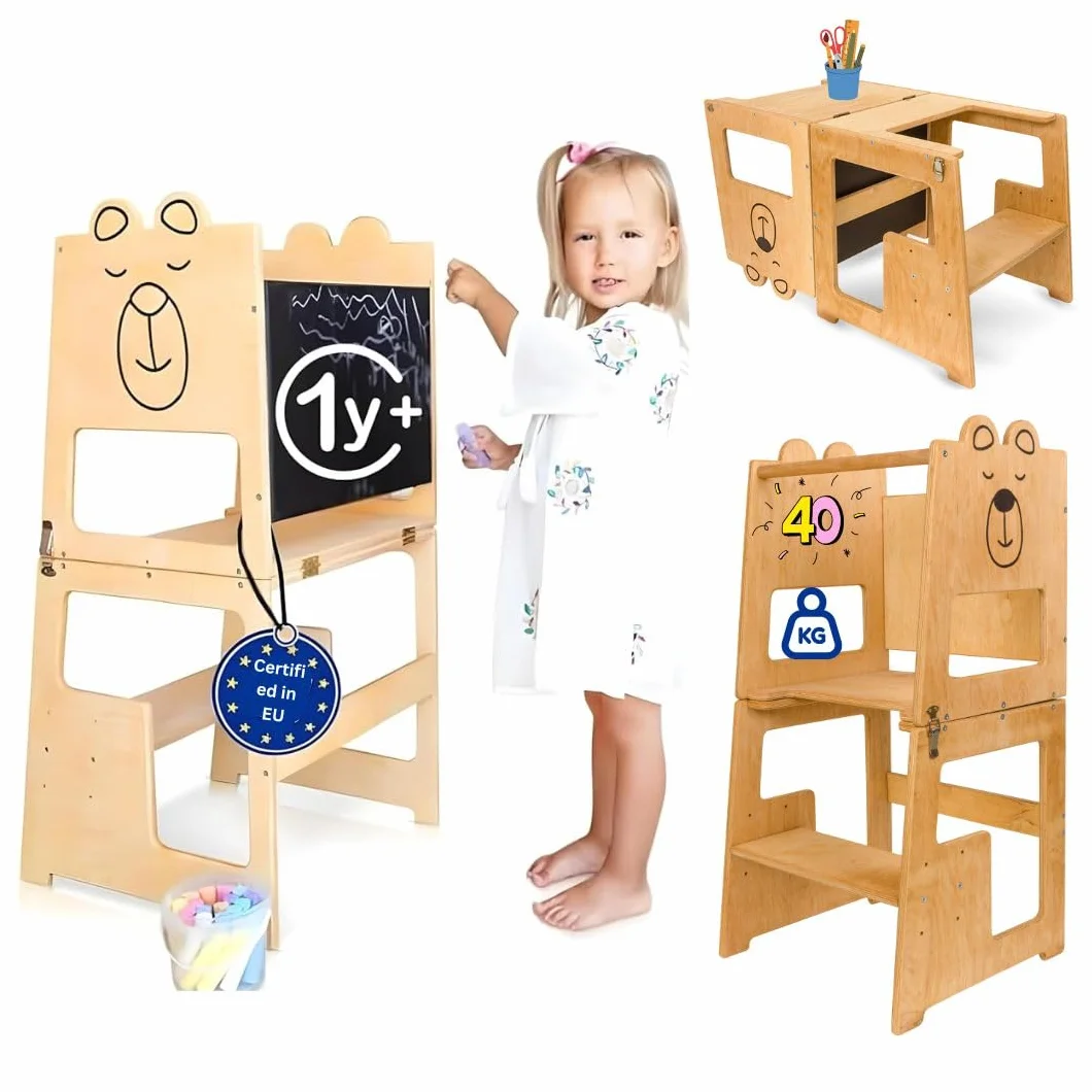 Torre Montessoriana 3-in-1 in Legno Naturale per Bambini da 1 Anno con Lavagna, Tavolo e Sedia, Sgabello Cucina e Bagno
