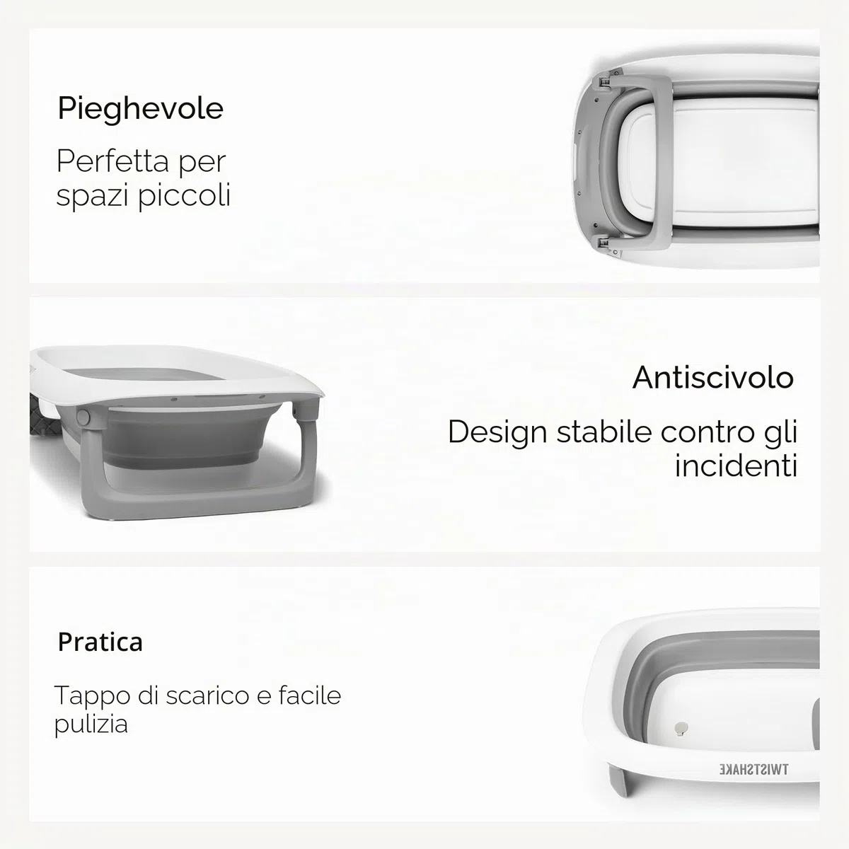 Twistshake Vaschetta Bagnetto Pieghevole Antiscivolo 30L | Design Ergonomico e Compatto | Vasca Portatile Neonati | Doccia Bimbi Sicura | Utilizzo da 0+ Mesi | Grigio Bianco
