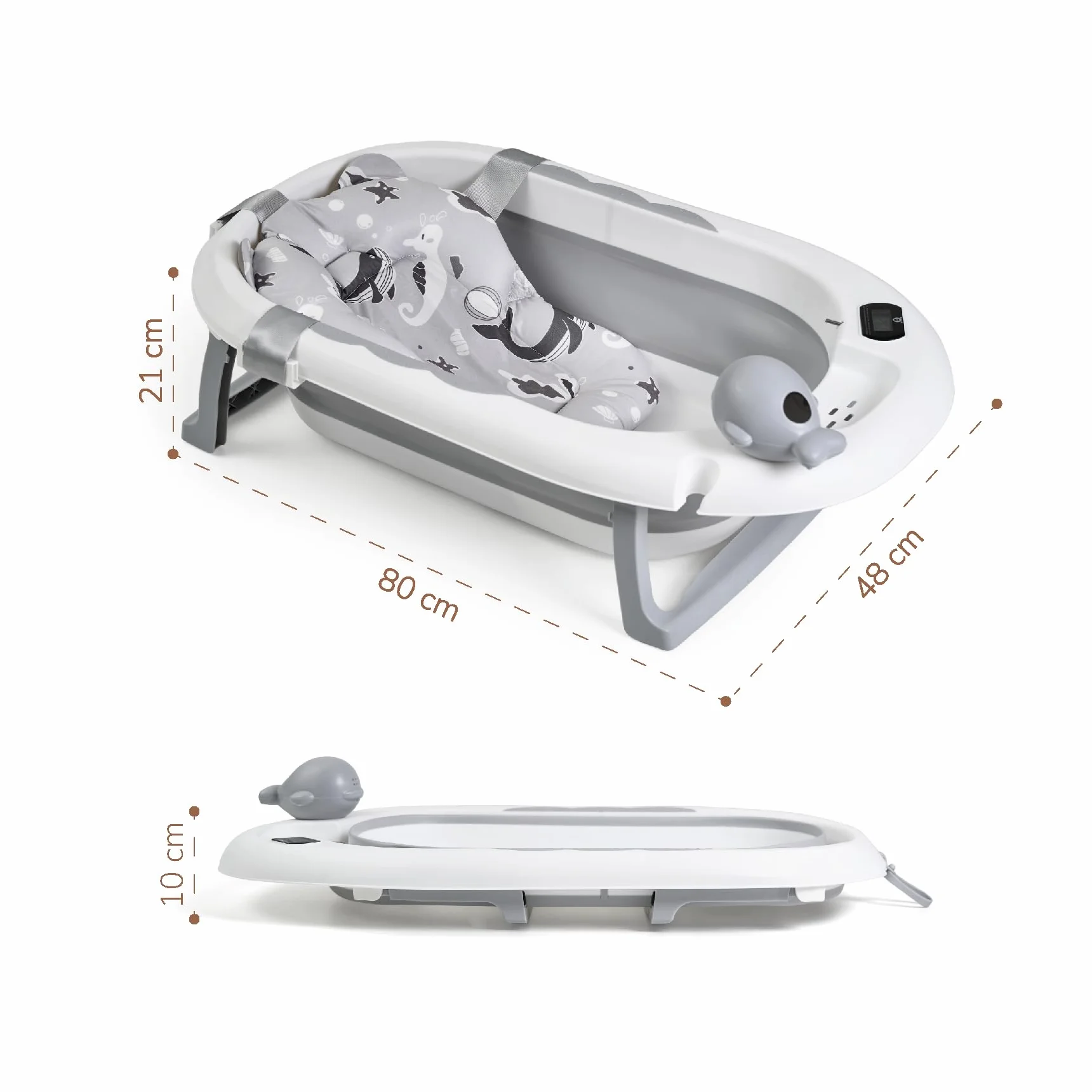 Buddy Baby - Vasca pieghevole BebéSplash con temperatura - Da 0 mesi - Cuscino riduttore rimovibile - Base antiscivolo - Tappo di scarico - Design compatto e portatile - Annaffiatoio balena