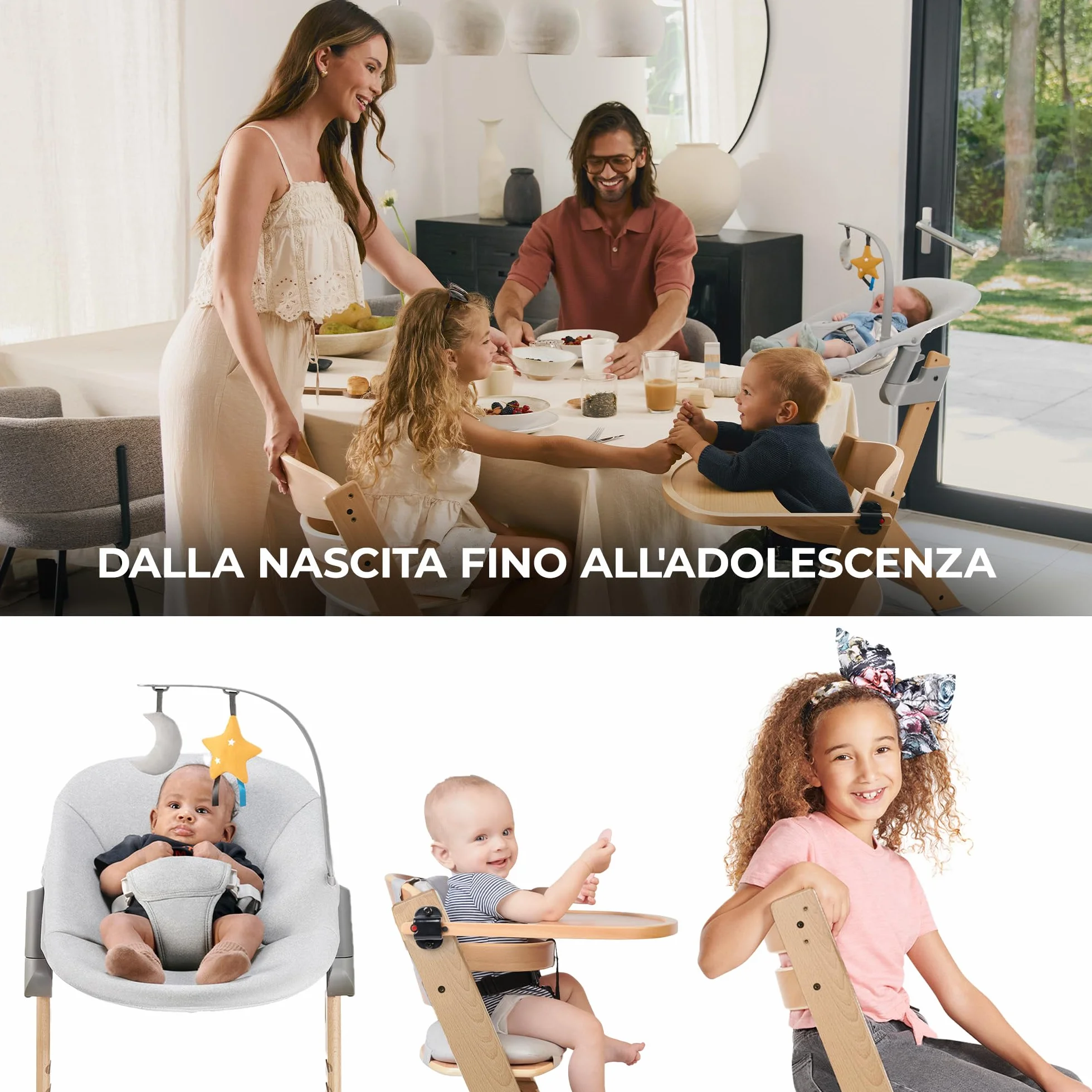 Kinderkraft ENOCK Seggiolone Pappa + Sdraietta CALMEE Legno Evolutivo Multifunzionale Sedia Ergonomica Altezza Regolabile 6 Mesi 10 Anni