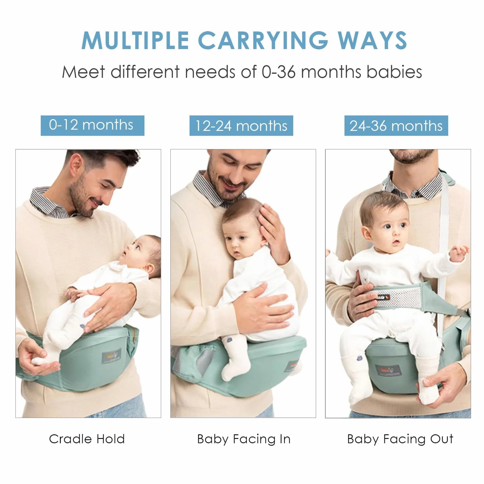SONARIN Hipseat Marsupio,Ergonomico Neonati Marsupio Supporto del Sedile Portantina Bebè Seggiolino Puro Cotone con Cintura di Sicurezza & Tracolla Singola Multi Posizioni per Bambino(Verde)