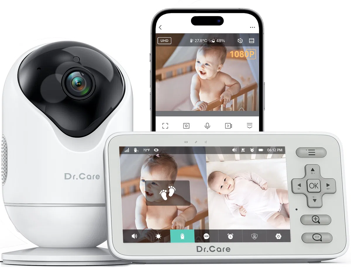 Dr.Care Smart WiFi Baby Monitor VistaView Lite, Schermo 4" 720P, Fotocamera 1080P, App, Allarmi Movimento, Visione Notturna, Batteria 3000mAh, Portata 390m (4" Baby Monitor + 1 Telecamere)