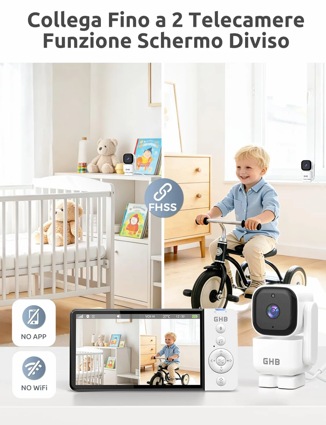 GHB Baby Monitor 5" 720HD 168 Ore Autonomia 350° Telecamera Rotante Rilevamento Temperatura VOX Visione Notturna