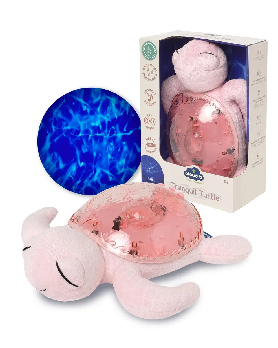 Cloud B Luce notturna musicale a forma di tartaruga rosa | 1 proiettore oceanico + 2 rumori bianchi + 2 suoni rassicuranti | Sensore di pianto | Tranquil Turtle Rosa ricaricabile