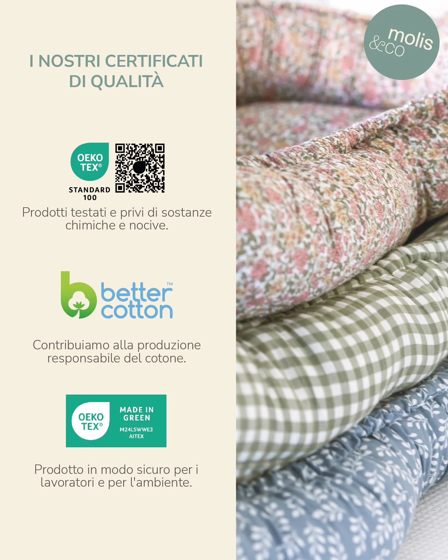 molis&co. Nido per bebè 90x50 cm Riduttore culla Co-sleeping Nest neonati Cotone Lettino portatile viaggio OEKO-TEX 100 Mint Tea