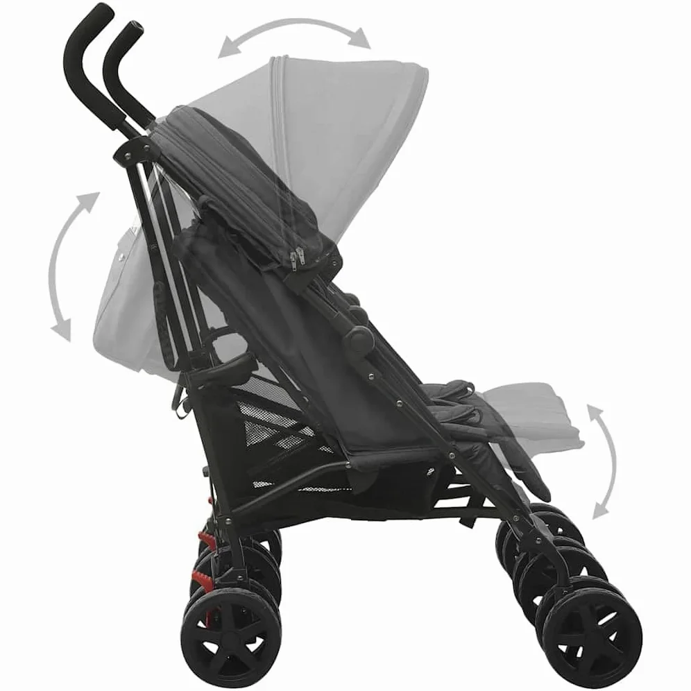 Passeggino Tandem Gemellare vitaXL Nero in Acciaio