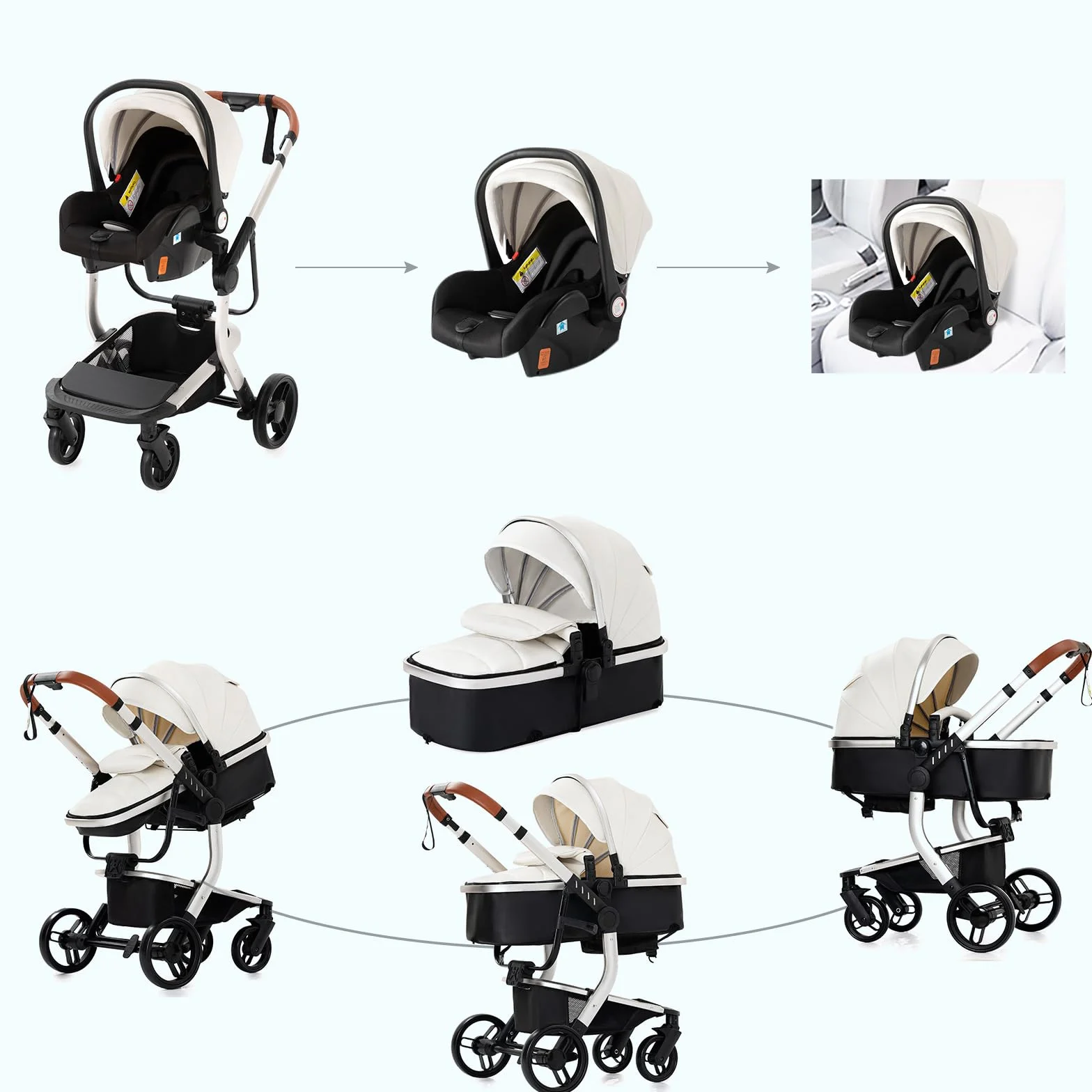 Passeggino Trio 3 in 1 Neonati con Accessori, Carrozzina Pieghevole Un Clic, Spinta Reversibile M518 Silver Blue