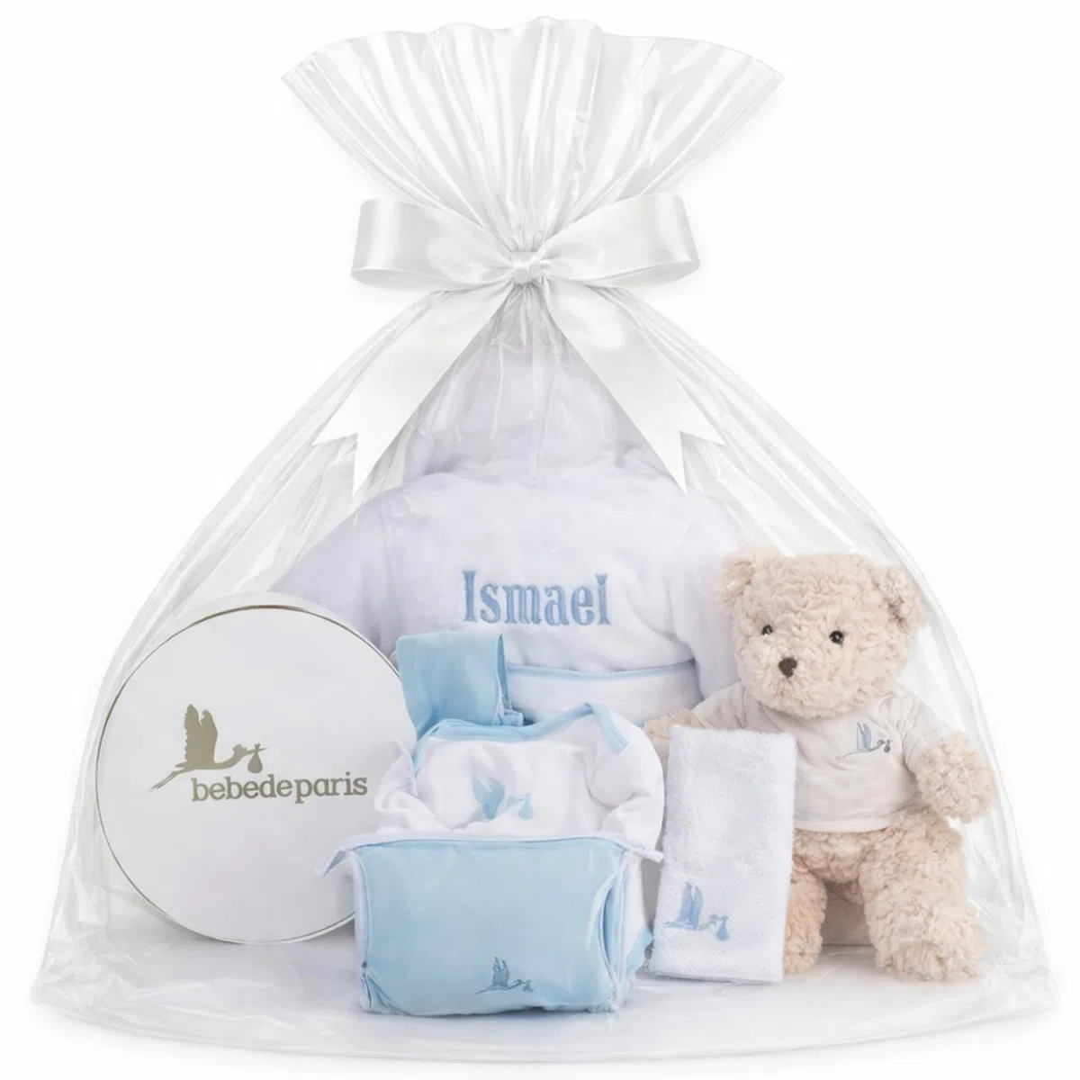 BebeDeParis Set Regalo Nascita personalizzato per neonato: Accappatoio, Body, Néceser, custodia Muselina e orso di peluche 6/12 mesi