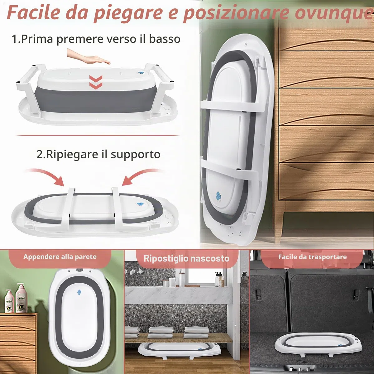 Froadp Vasca da bagno pieghevole per neonati con fori di scarico e poggiapiedi antiscivolo, navicella ergonomica per neonati (antracite, con cuscino)