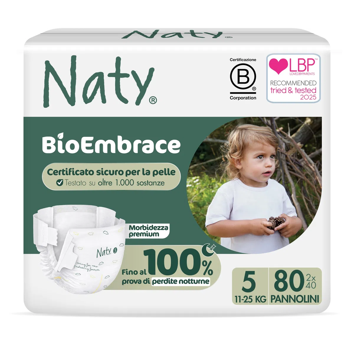 Naty BioEmbrace Pannolini per Bambini | Certificati per pelle sensibile | Protezione anti-perdite fino al 100% | Morbidezza vegetale | Senza profumo & cloro | Taglia 5 (11–25 kg), 80 pz