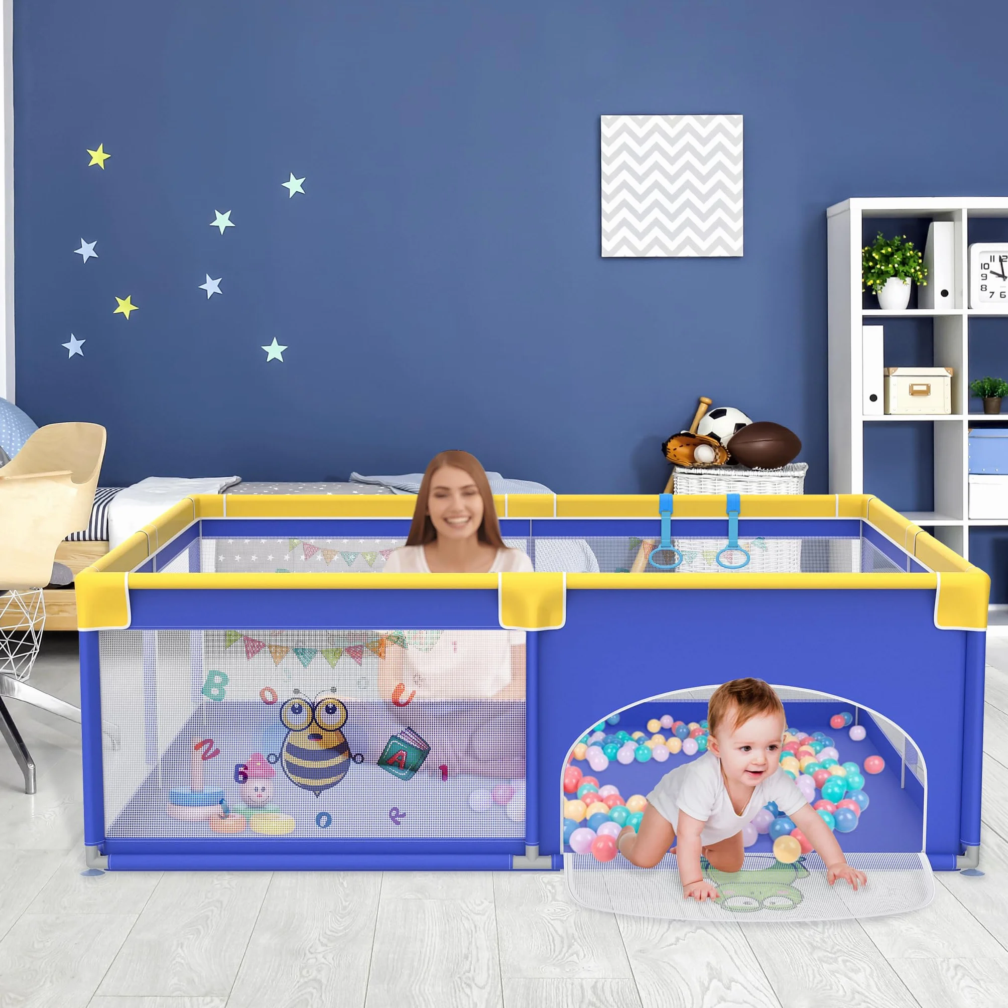 Aufun Box per Bambini, Tela 300D Oxford, con Schiuma Anti-Collisione, Griglia di Blocco, Rete Traspirante, Cerniera (Blu, 180x200x68 cm)