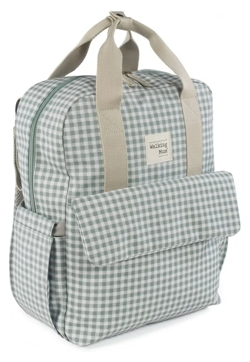 Walking Mum. Borsa zaino I Love Vichy, borsa per pannolini per passeggino, design versatile con manici corti e spallacci colore verde misure 37 x 28 x 12 cm.