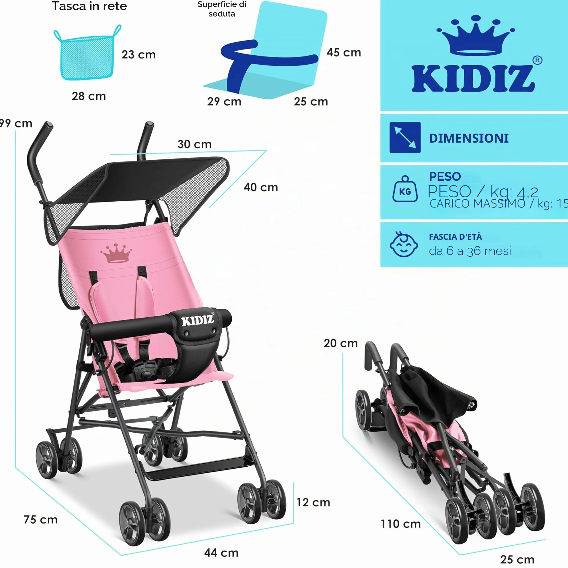 KIDIZ® Passeggino CITY Pieghevole per Bambini con Ruote 4 Pollici e Parasole