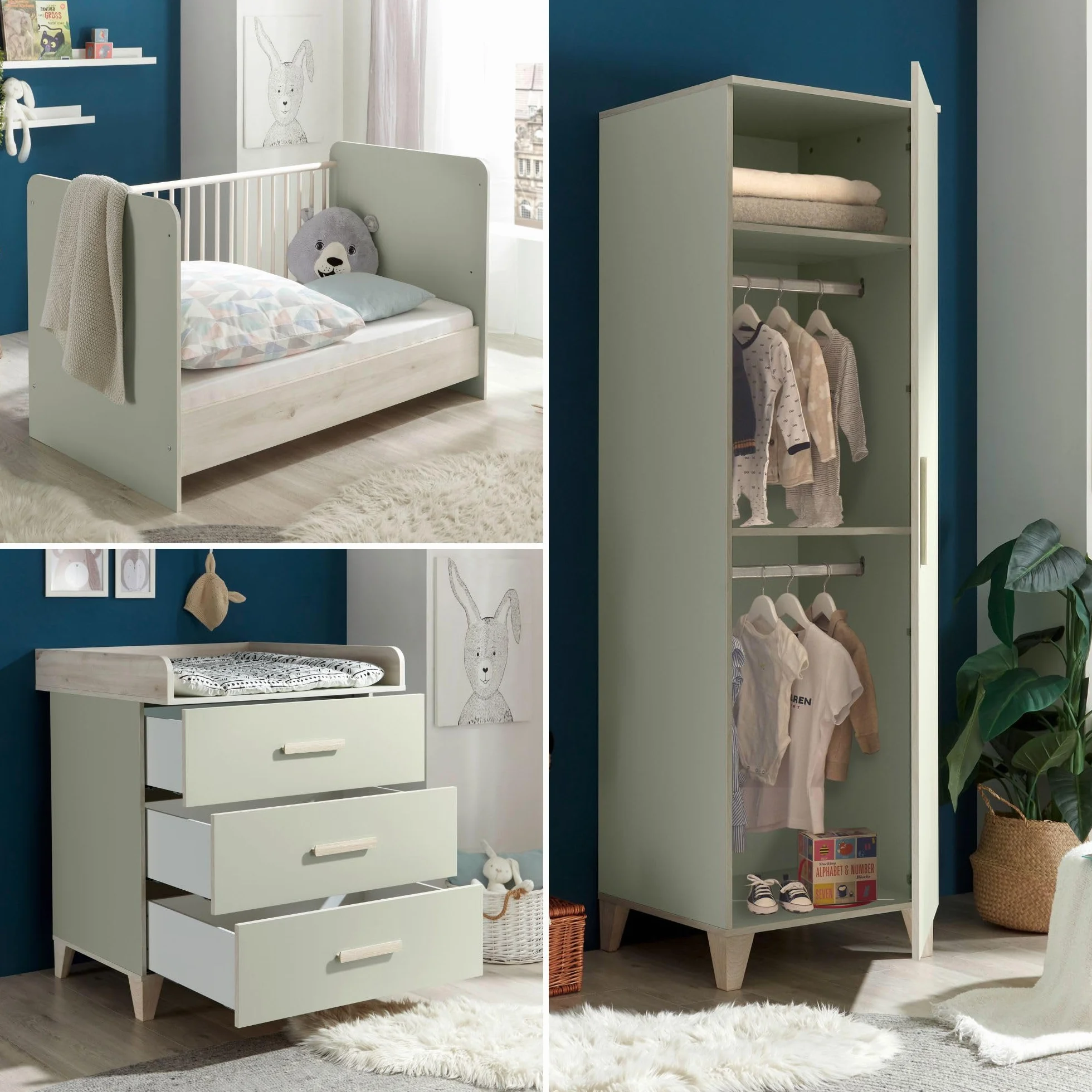 PRIZZI Completo per cameretta dei Bambini 3 Pezzi Fasciatoio Legno Verde Pastello/Aurum