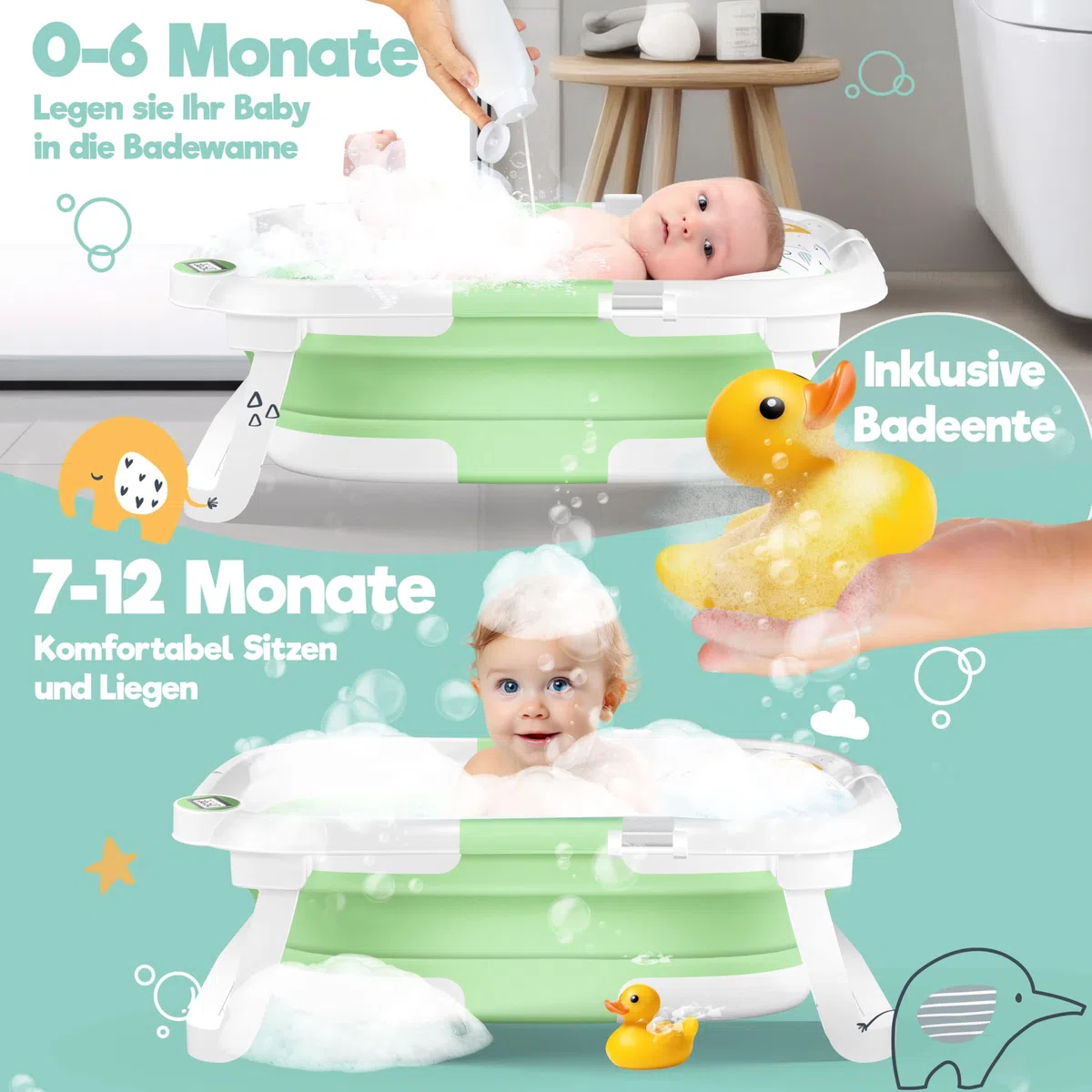 KIDIZ Vasca da bagno per bambini | Navicella salvaspazio e pieghevole | Piatto doccia per neonati da 0 a 24 mesi | Doccia da viaggio portatile per bambini | Bathtub ergonomico con termostato e cuscino