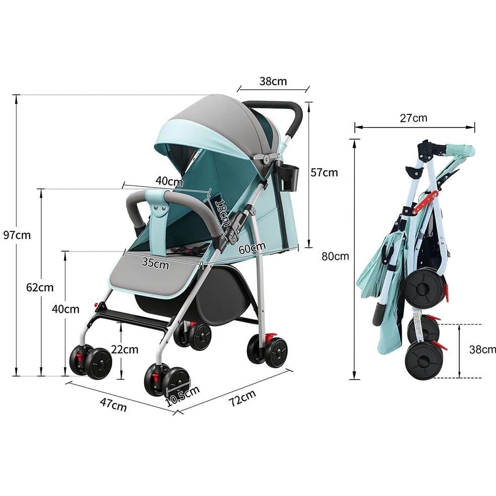 OHMG Passeggino Canne,Passeggino a canna compatta 0-36 kg,Passeggino da viaggio con cotone e zanzariera,Carrello di acquisto con funzione estensibile,Cappuccio estensibile (C-azzurro)