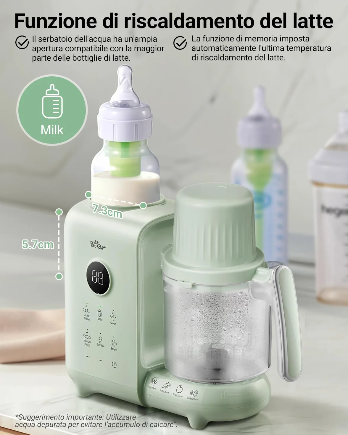 Bear Cuocipappa Mixer Multifunzione 7-in-1 per Bébé - Vapore, Mixer, Pulse, Pulizia Automatica, Sterilizzato, Riscalda, Scongela - Robot Cucina Multifunzione