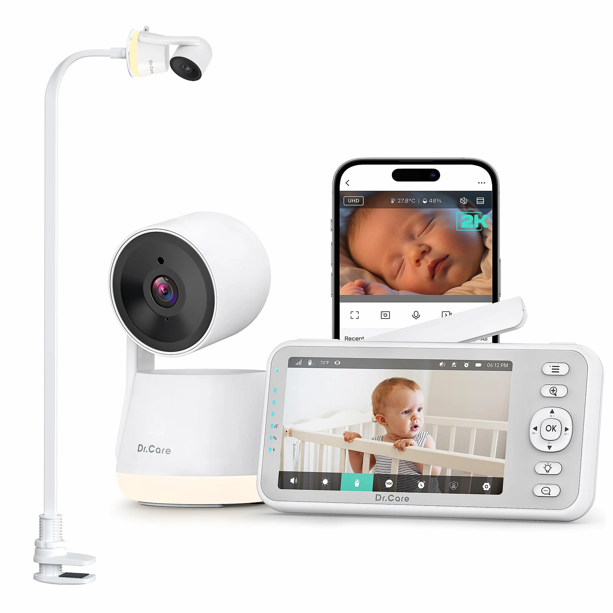 Dr.Care LumiView Baby Monitor WiFi con Clip - Schermo 5" 1080P FHD & 2K, Controllo App, Modalità Privacy, Batteria Rimovibile 5000mAh, Allarmi Pianto e Movimento, Visione Notturna, Luce RGB
