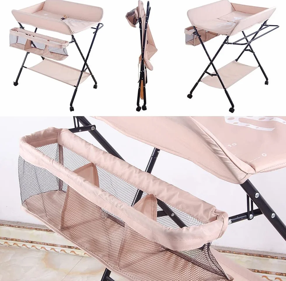 Fasciatoio Pieghevole per Bagnetto Neonati, Tavolo Cambio Pannolini Multifunzionale Portatile con Tasche a Rete e Salvaspazio, Antibatterico