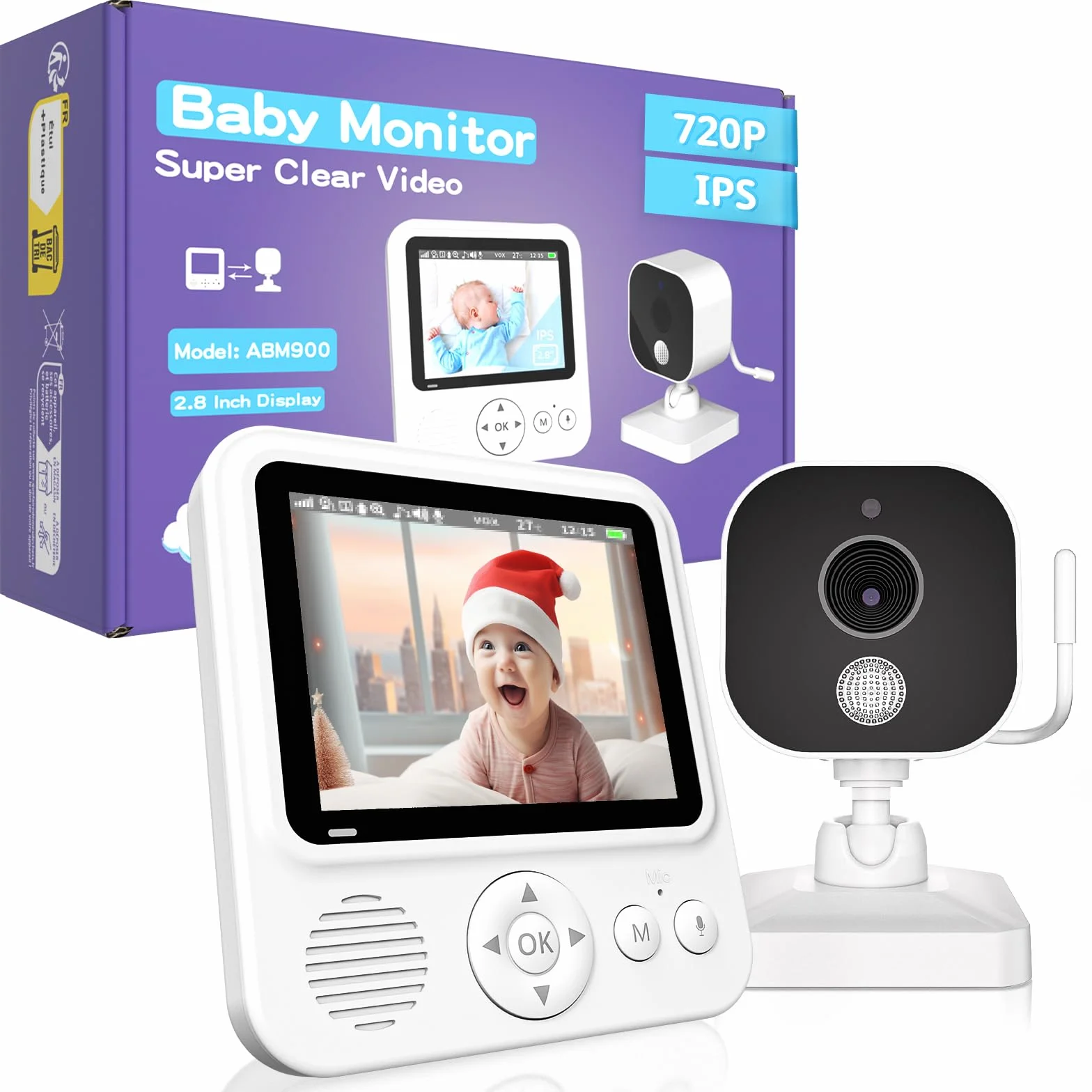 Baby Monitor Video e Audio 2,8" 720P LCD IPS 2000mAh USB-C con Zoom Digitale VOX Visione Notturna Comunicazione Bidirezionale