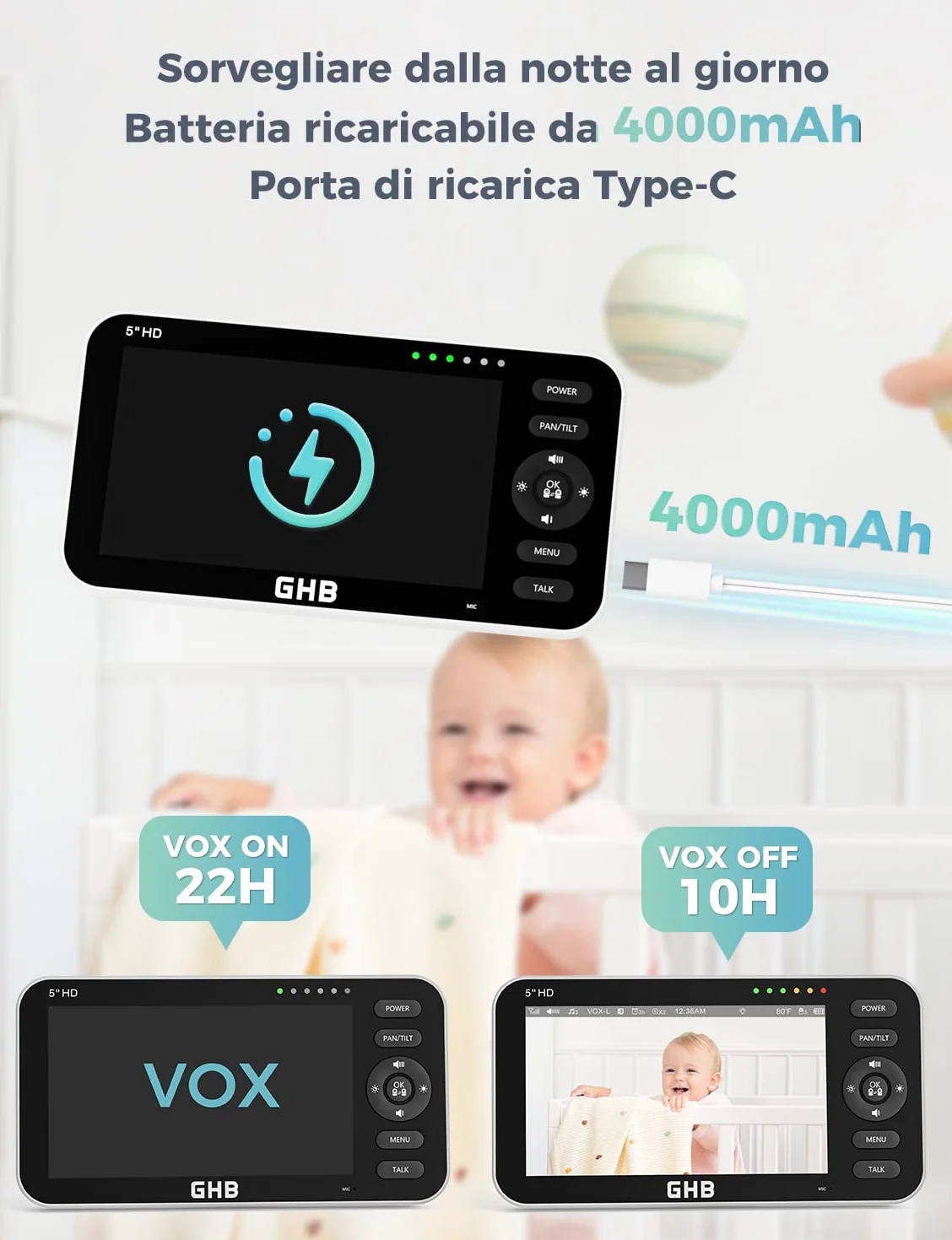 GHB Baby Monitor Video e Audio Videocamera Schermo 5'' 350°/110° Comunicazione Bidirezionale VOX Visione Notturna Monitoraggio Temperatura