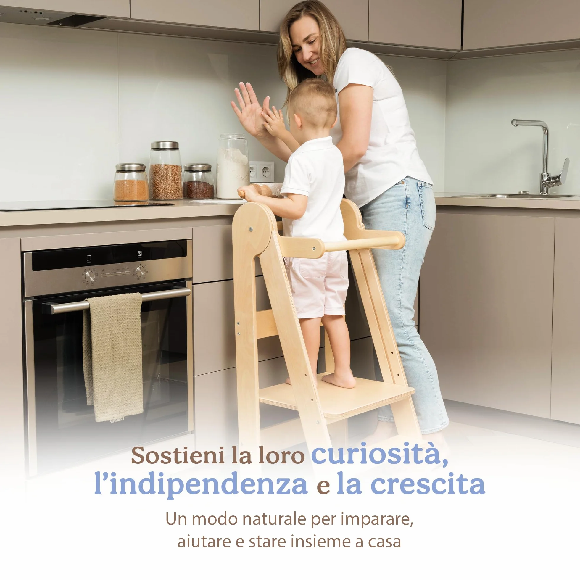 TOYBOX Torre Montessoriana Pieghevole, Learning Tower, Legno Naturale