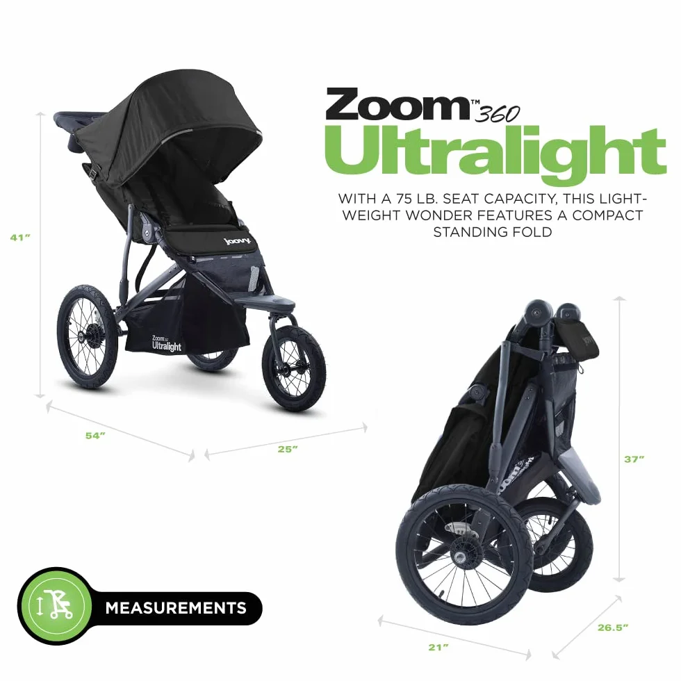 Joovy Zoom 360 Passeggino Da Jogging Ultraleggero, Capottina Grande, Pneumatici Ad Aria Extra Large, Nero