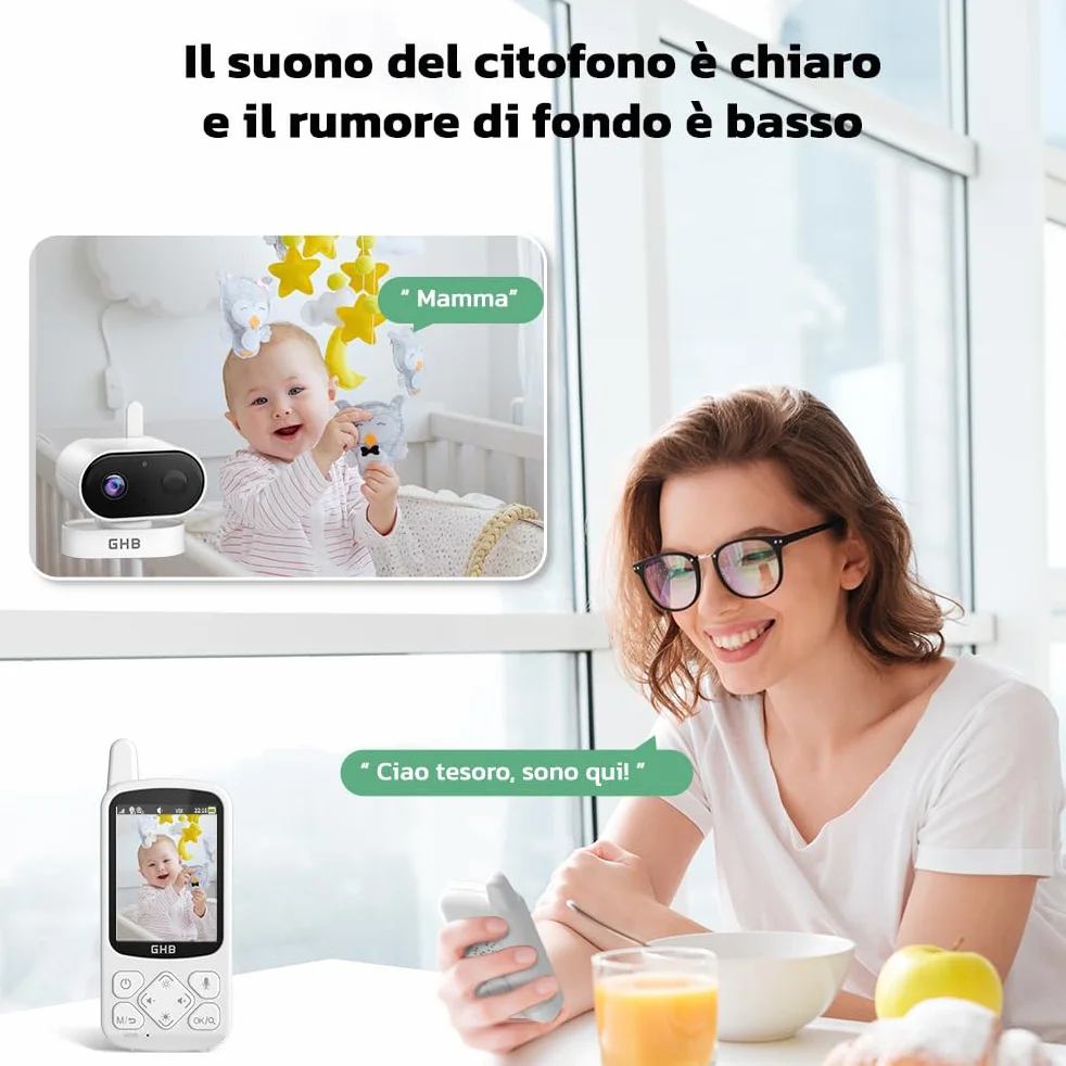 GHB Baby Monitor 2.8", 2000mAh Batteria, Schermo IPS HD Audio Bidirezionale, VOX Visione Notturna, Monitoraggio Temperatura, 8 Ninne Nanne