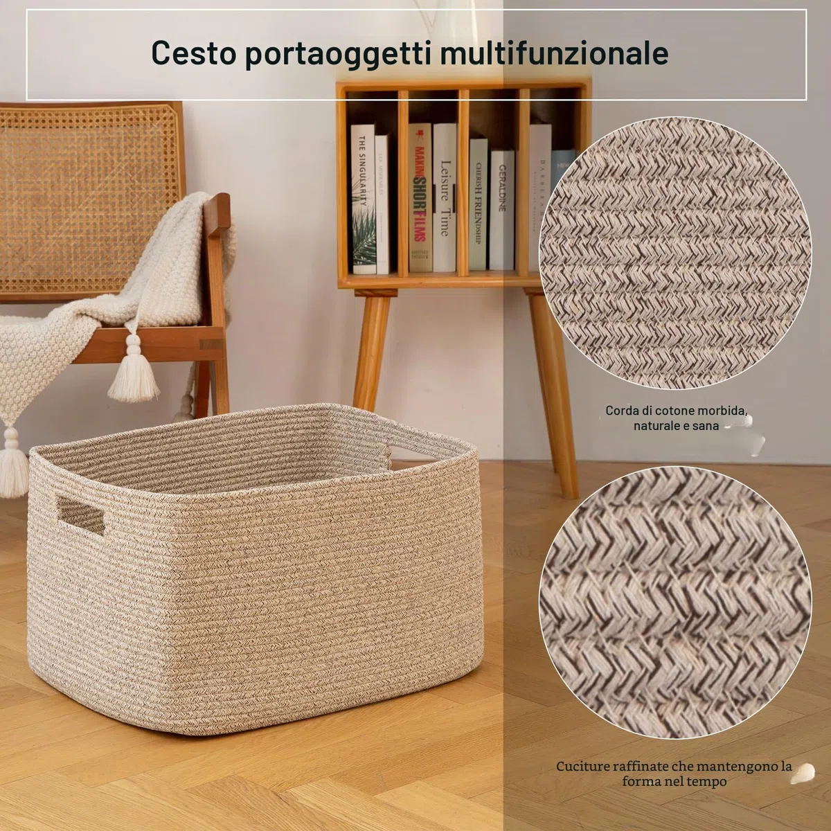 OIAHOMY, Grande cesto portaoggetti per coperte, 75 l, con manico, in corda di cotone per organizzare 55,9 x 43,2 x 30,5 cm, cestino per coperte, soggiorno, cestino per giocattoli per asilo, marrone