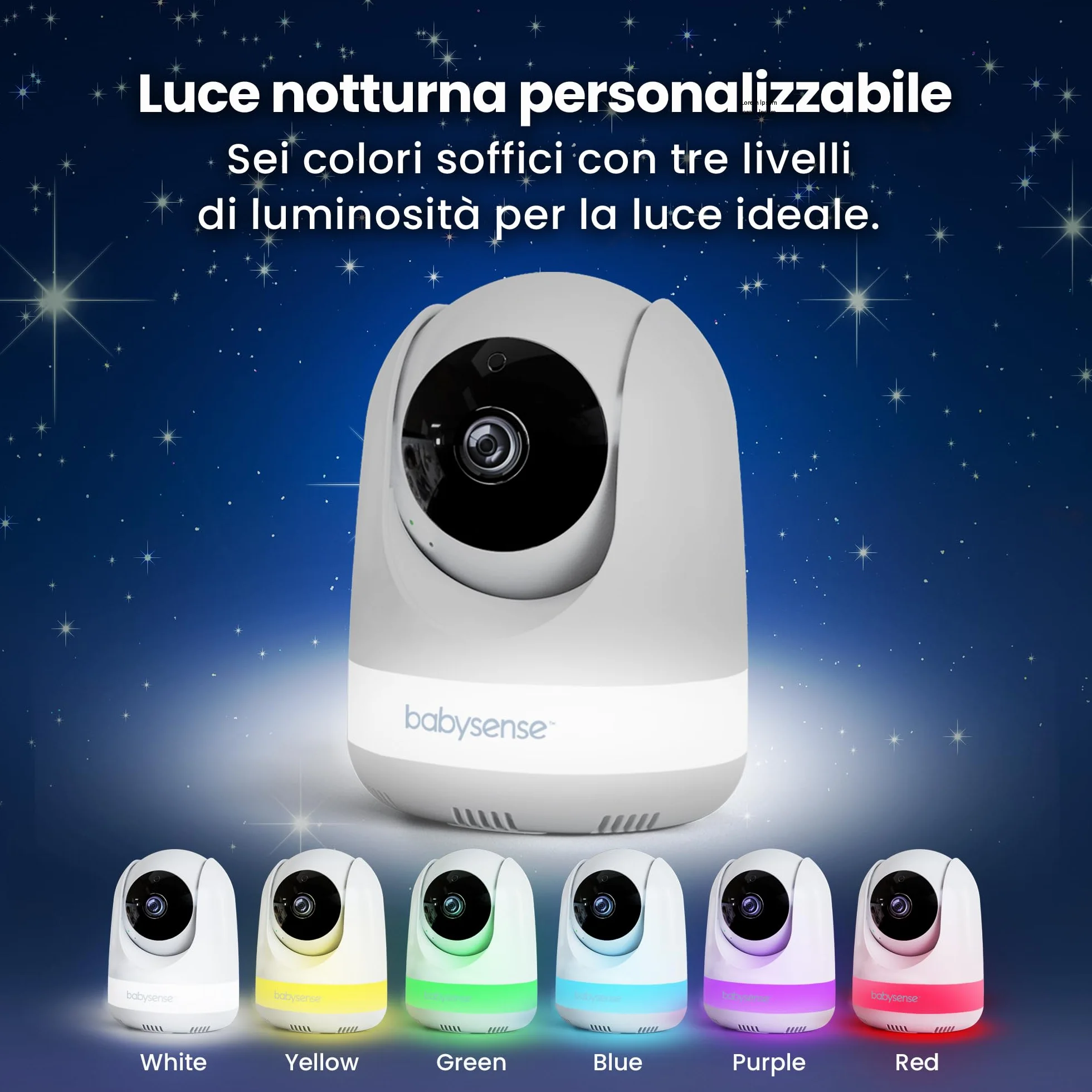Babysense Babyphone Full HD con schermo diviso a 2 camere, luce notturna a 6 colori, rilevatore di rumori e luci, batteria da 20 ore, connessione sicura senza WLAN