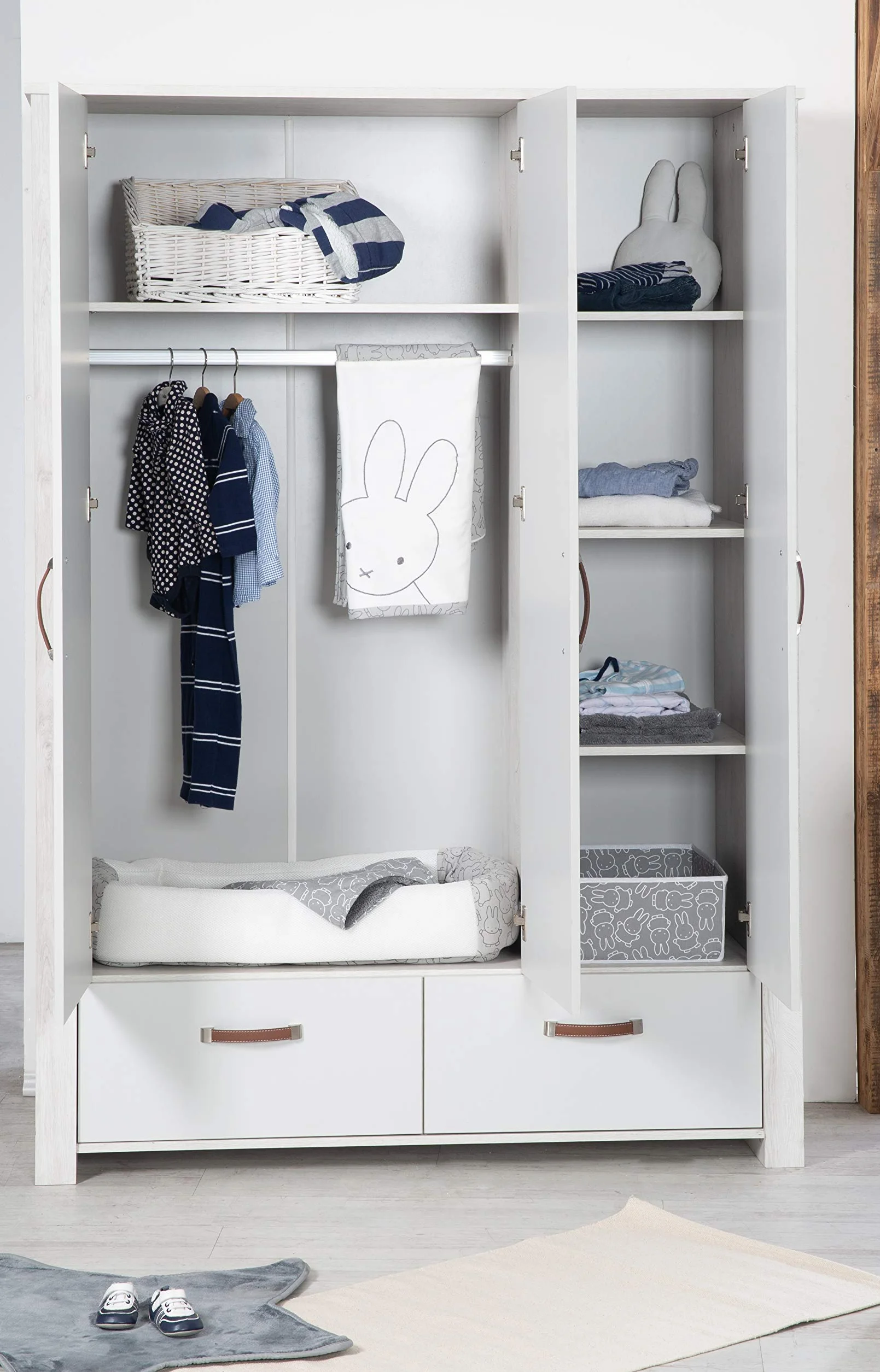 Cameretta per Bambini Mila Lettino Combinato 70x140 cm Fasciatoio Cassettiera Armadio 3 Ante Bianco Grigio