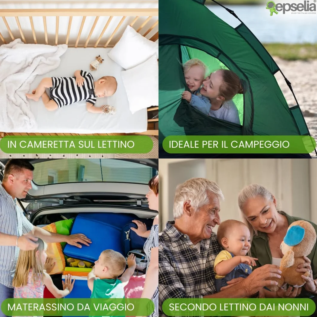 EPSELIA Materasso Lettino per Bambini Pieghevole BAMBU' BIO con Borsa per Viaggio o Campeggio, cm 60x120 H6 Certificato Antisoffoco EN16890:2017 Poliuretano con Fori CertiPUR™ OEKO-TEX®