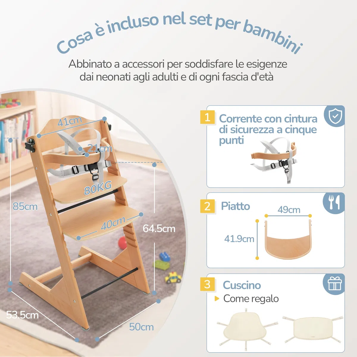 LUE BONA Seggiolone pappa,Evolutivo Seggiolino da Tavolo per bambini,Con Vassoio Rimovibile,Cuscino e Cintura di Sicurezza Pratico per Neonati e Bambini,Naturale