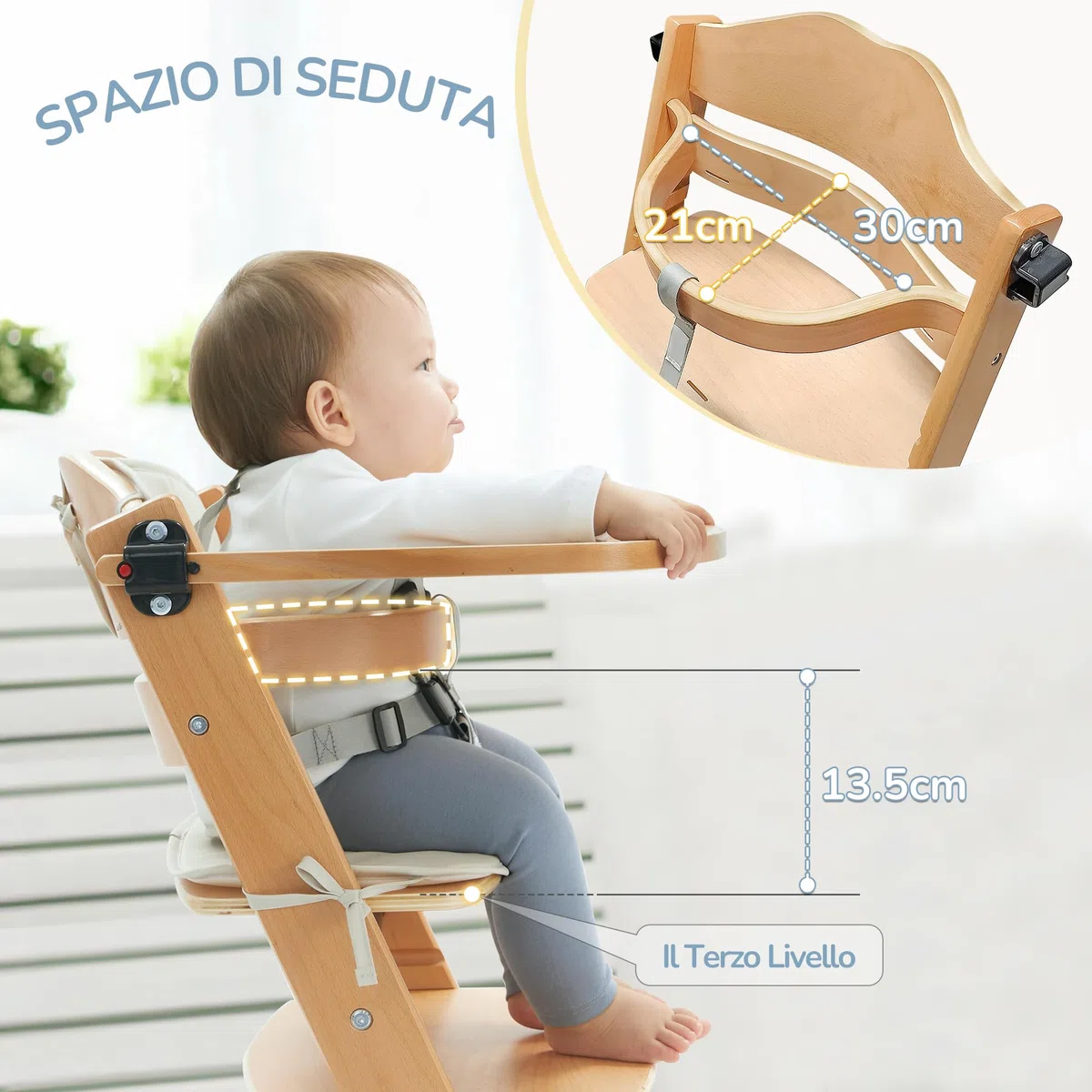 LUE BONA Seggiolone pappa,Evolutivo Seggiolino da Tavolo per bambini,Con Vassoio Rimovibile,Cuscino e Cintura di Sicurezza Pratico per Neonati e Bambini,Naturale