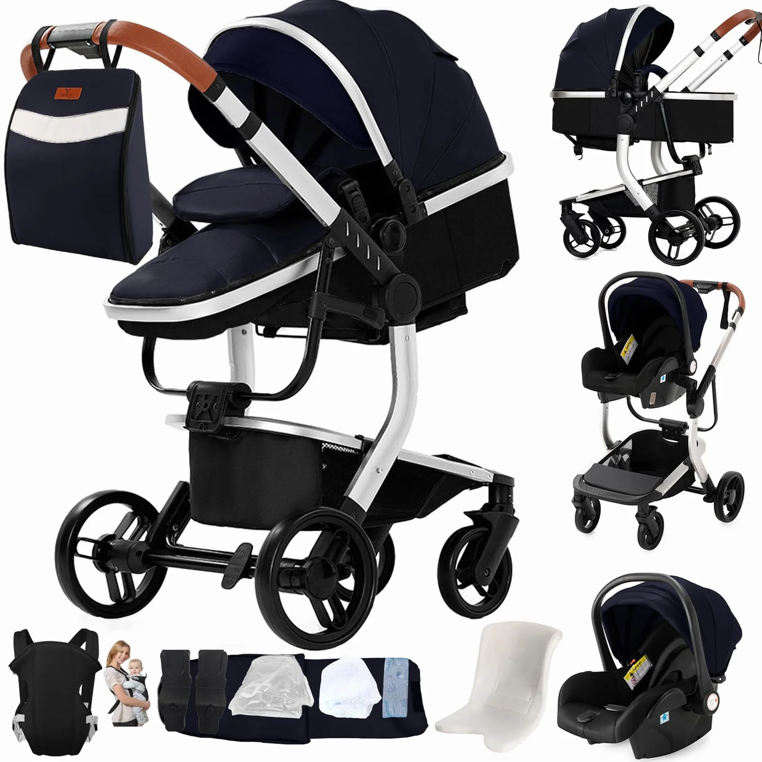 Passeggino Trio 3 in 1 Neonati con Accessori, Carrozzina Pieghevole Un Clic, Spinta Reversibile M518 Silver Blue