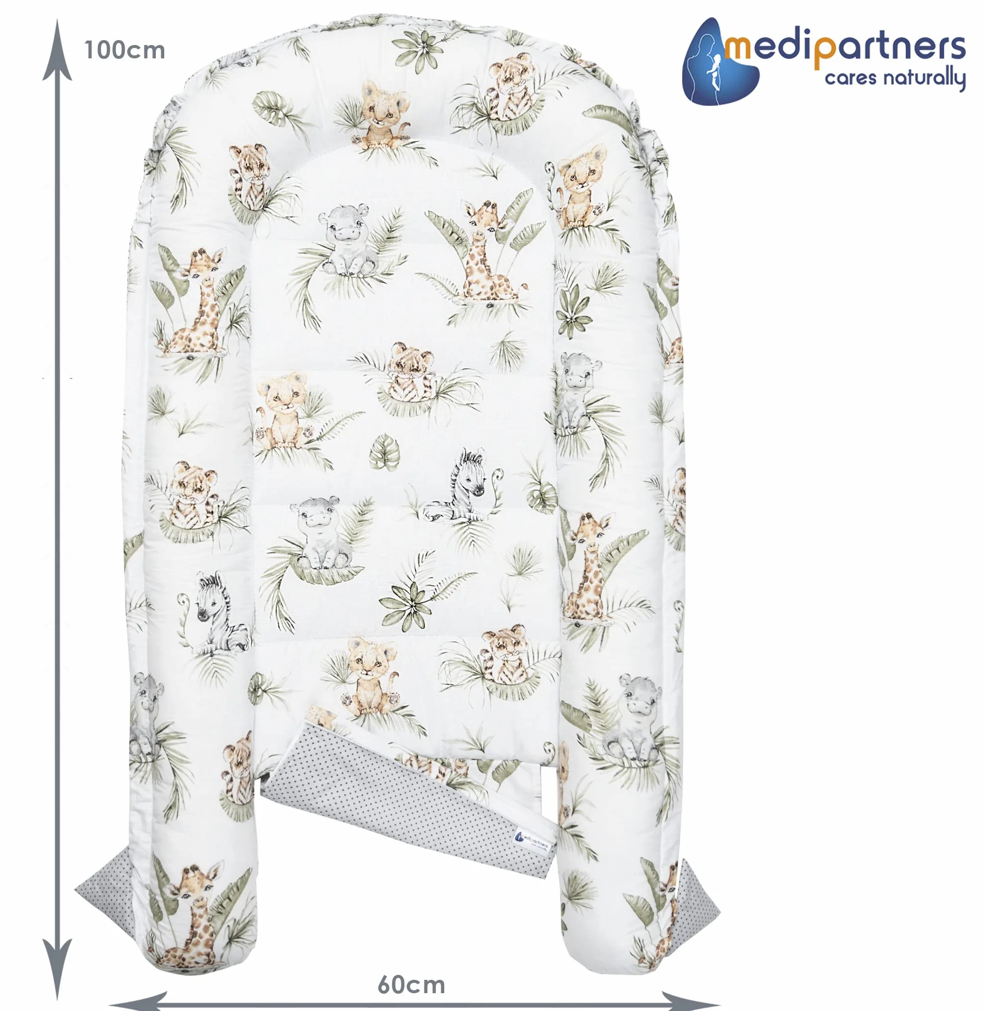 Medi Partners Riduttore Lettino Neonato 100x60x15 Nido Antisoffoco 5-Parti Bozzolo Culla Bebè Cuscino 100% Cotone Safari Minky beige