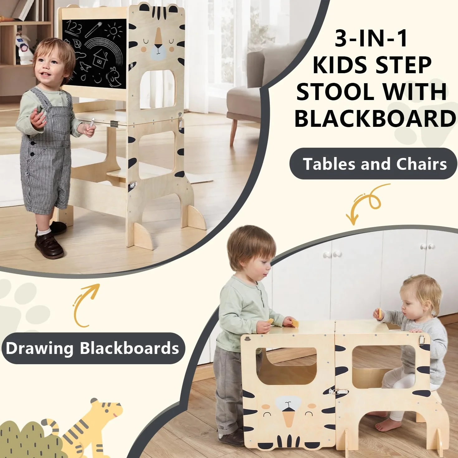Labebe Torre Montessoriana Pieghevole in Legno 3 in 1 per Bambini con Lavagna