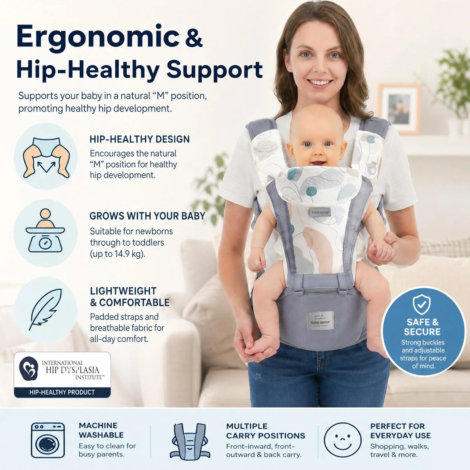 Bebear Marsupio,Bebamour Marsupio per 0-36 mesi, marsupio traspirante da neonato a bambino, approvato dagli standard di sicurezza, seggiolino ergonomico 6 in 1 anteriore (New Air Grey)