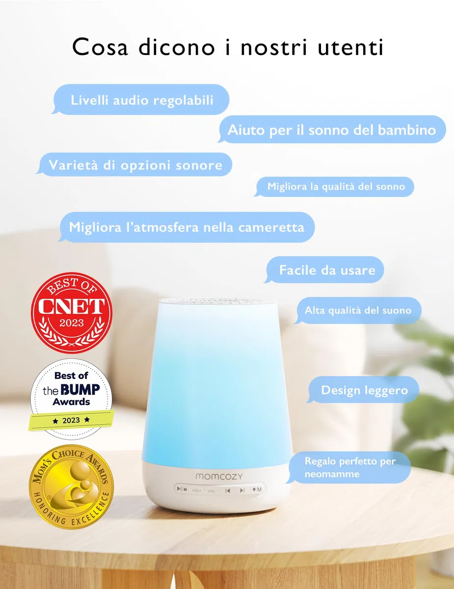 Momcozy Macchina del Rumore Bianco,Macchina del Suono per Bambino Adulto,34 Suoni Lenitivi,White Noise Machine Luce a 7 Colori,Macchina Rumore Bianco Telecomando APP, Funzione di Temporizzazione