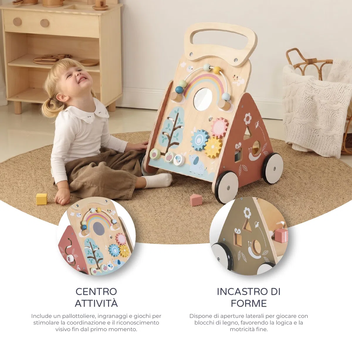 MS BabyWorld – Montessori MIMO – Primi Passi in Legno per Bambini | Carrello Primi Passi con Giochi e Attività | Per Imparare a Camminare | Da +12 Mesi
