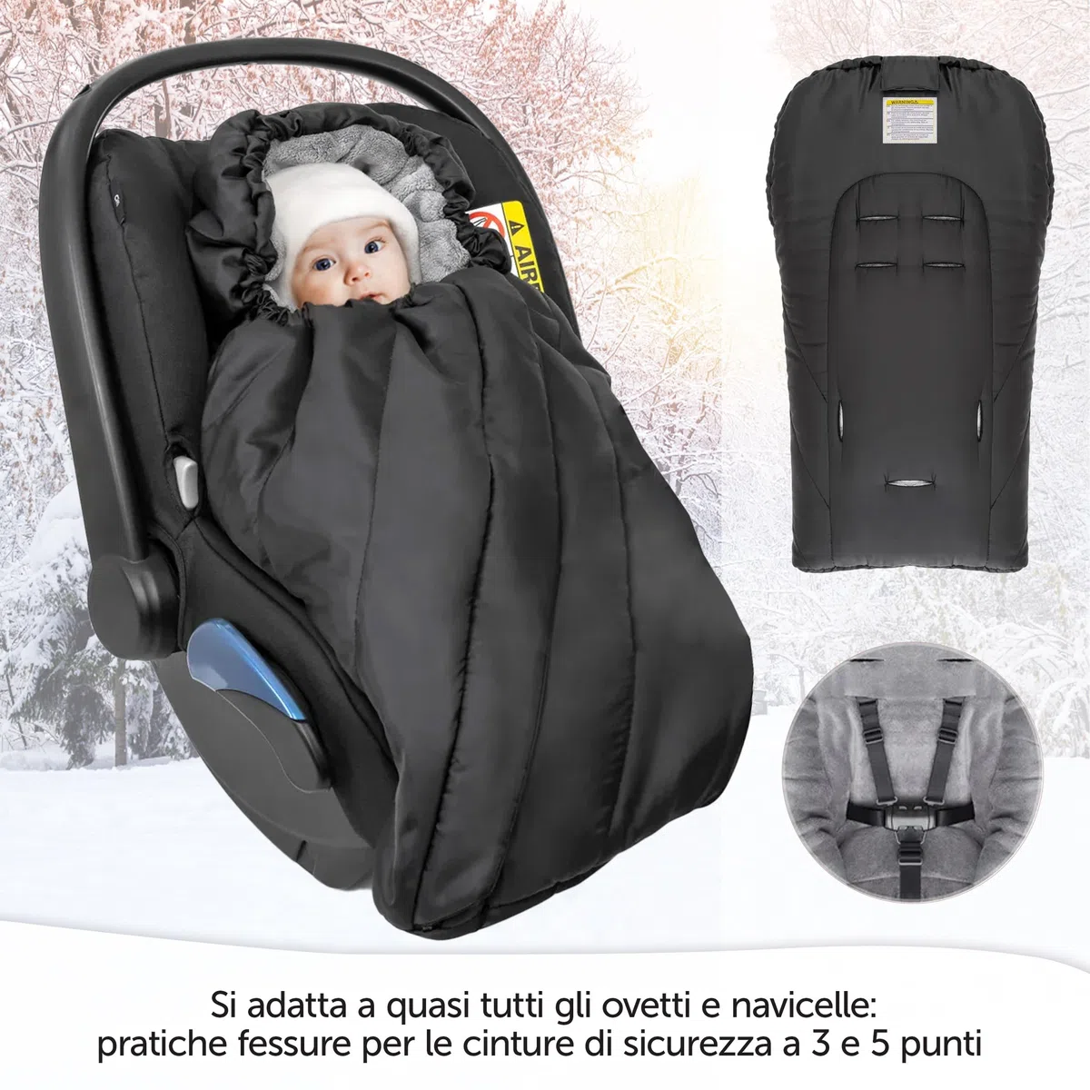 Zamboo Sacco Invernale Ovetto Universale/Sacco Nanna Ovetto Invernale in Thermo Pile, con Fessure per Cintura a 3 o 5 Punti, Con Borsa - Nero