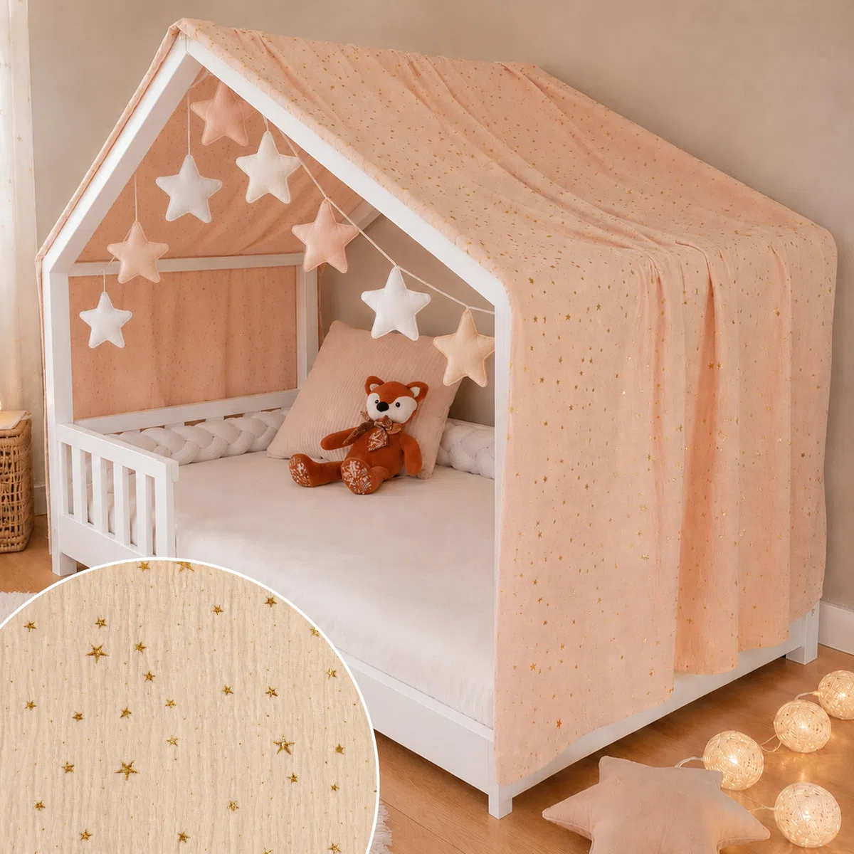 YellowNest Tenda per Letto Montessori - Tenda Letto Bambini per Letto - 100% Mussola di Cotone - Con o senza Ghuirlanda (Beige, 130 x 400 cm)