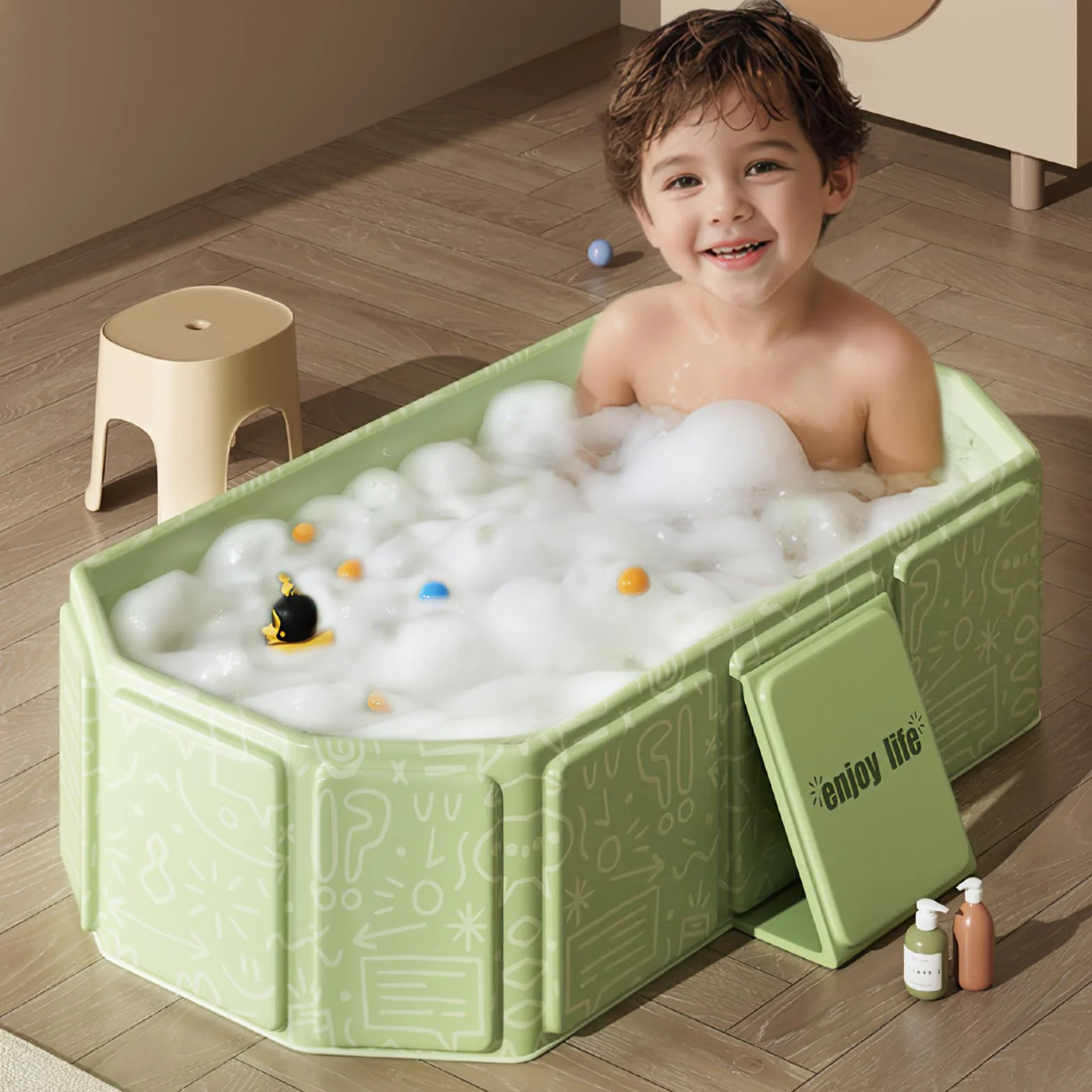 Vasca da bagno pieghevole, Vaschetta portatile per bambini – Salvaspazio e leggera, Con tappo di scarico, Vasca multifunzione per bambini 0-8 anni, Verde