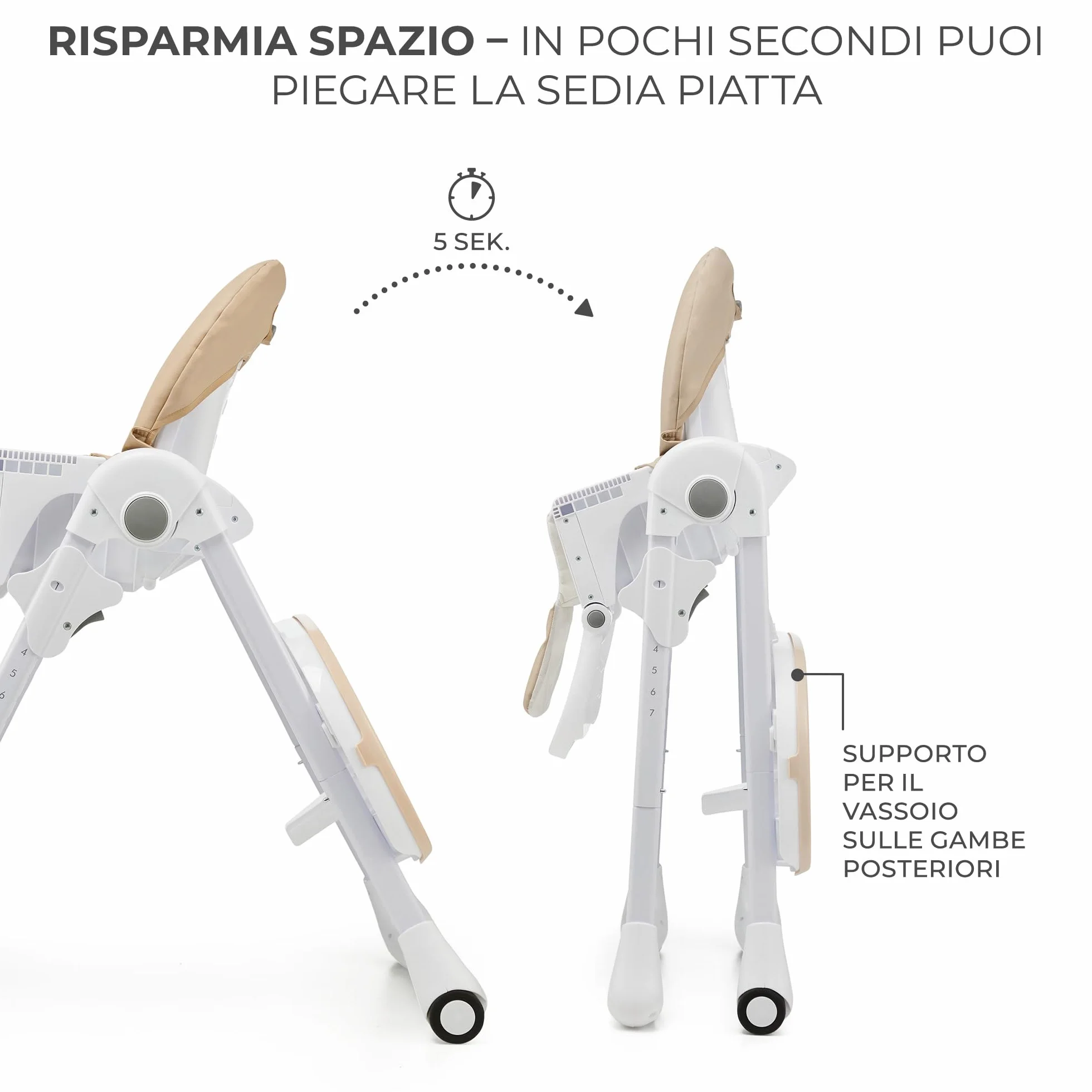 Kinderkraft TUMMIE Seggiolone 2 in 1 Ergonomico Reclinabile Pieghevole Altezza Regolabile Beige