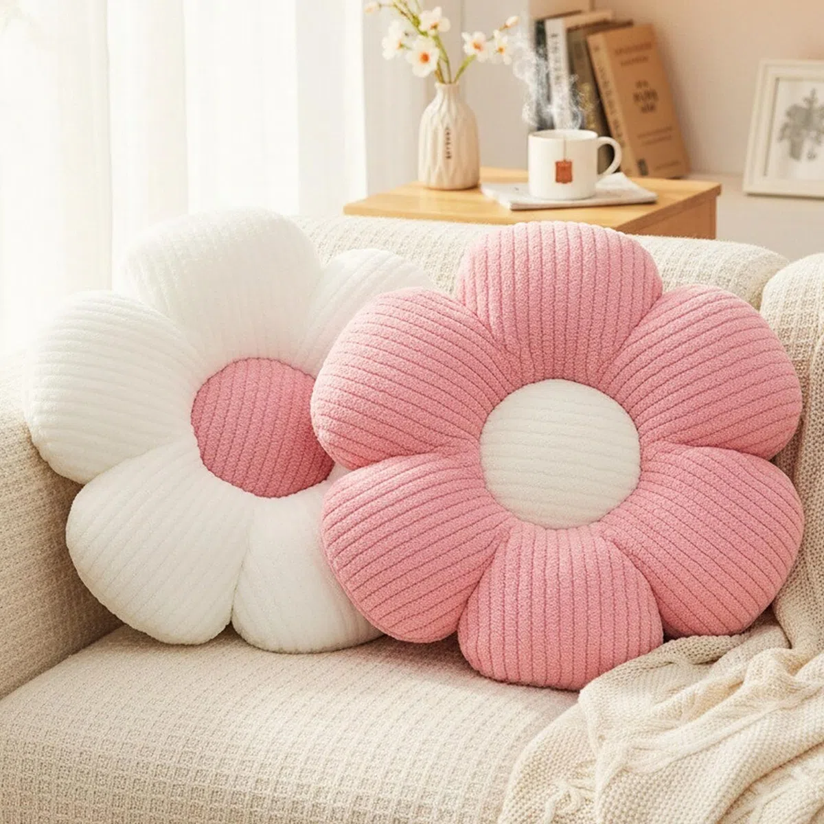 2 cuscini a forma di fiore, morbidi cuscini da pavimento per divano, soggiorno, camera da letto, decorazione per la stanza delle ragazze, bianco e rosa