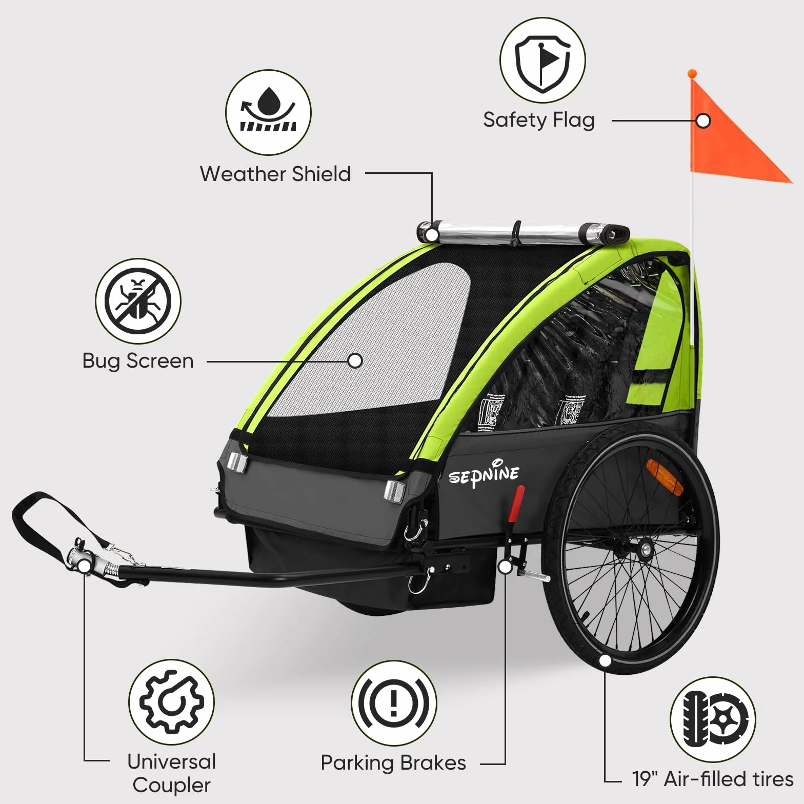 SEPNINE Rimorchio per bambini, a due posti, per fuoristrada, cinture di sicurezza integrate, pieghevole con freno a mano, per 1-2 bambini, max. 40 kg