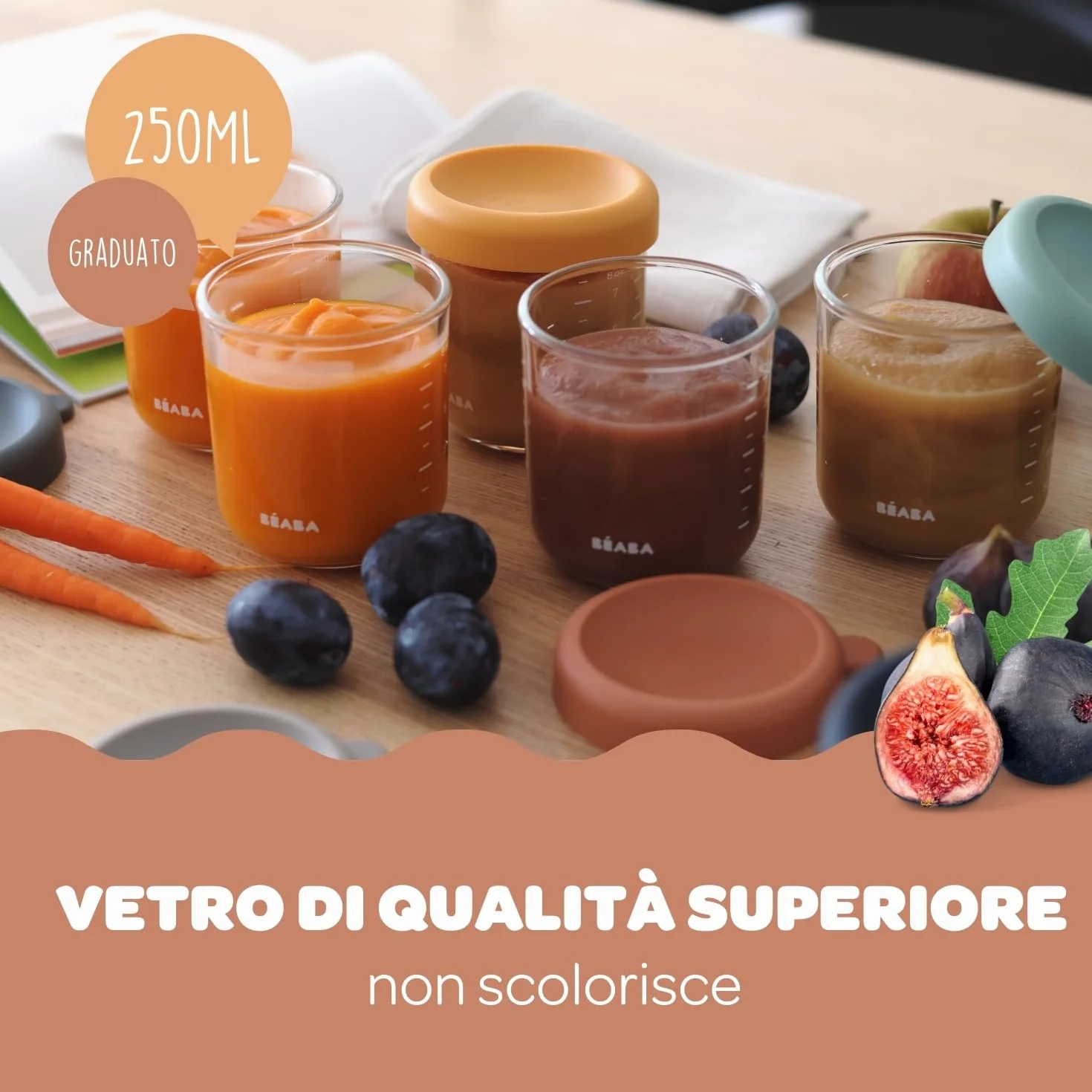 BÉABA Set 6 Vasetti Vetro Conservazione Pappe 250 ml Termoresistente