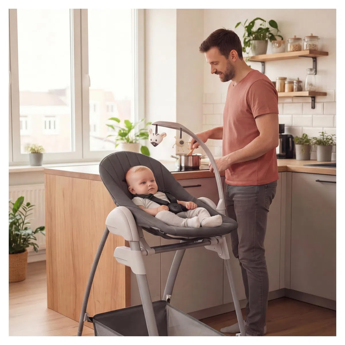hauck Sit N Relax 3in1, Beige - Seggiolone Pappa Evolutivo da 0 Mesi a 15 kg con Sdraietta con Arco Giochi e Seduta con Vassoio Regolabili in Altezza, Ruote, Pieghevole, Cesto Portaoggetti